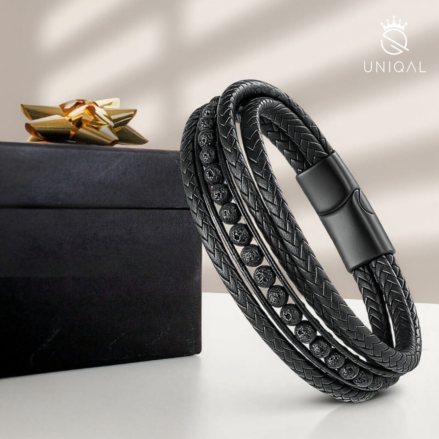 UNIQAL.de Lederarmband DELUXE – elegantes Unisex Natursteinarmband aus Echtleder (geflochten mit Magnetverschluss & Verlängerungsglied, edel, handgefertigt, hochwertig & perfekt als Geschenk), – deutsche Marke, registrierter Händler