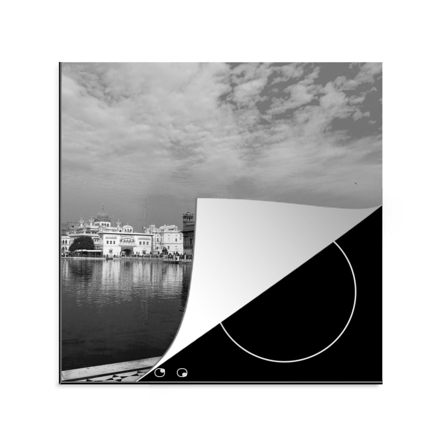 Vinyl, Schwarz-Weiß-Bild tlg), mit Herdblende-/Abdeckplatte Ceranfeldabdeckung, den Goldenen 78x78 cm, Tempel Amritsar, Wasser rund in küche Arbeitsplatte für MuchoWow (1 um