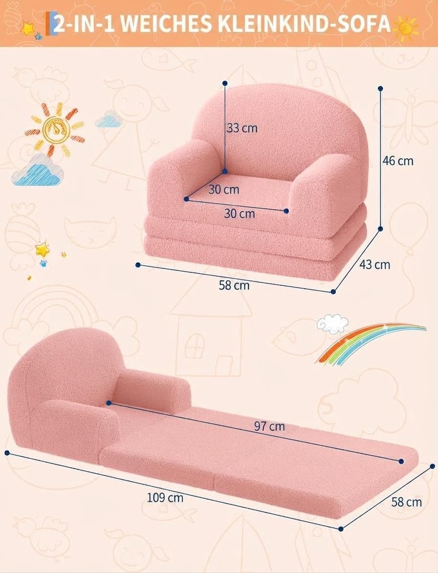 GarveeMore Kindersofa 2-in-1 Schlafsofa Sofabett Klappsofa für Kinder aus Teddystoff