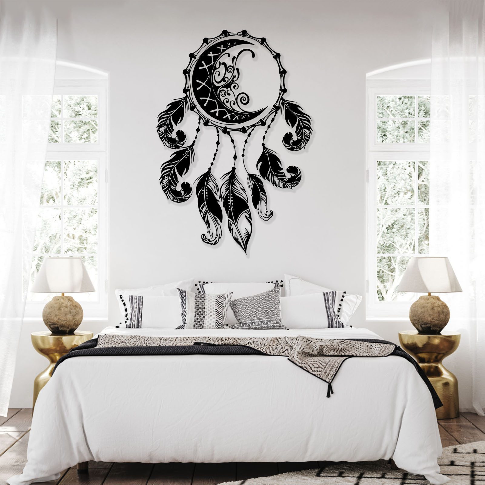 Jumpeak Wanddekoobjekt Bohème Metall Träumfänger Wandkunst - Mond & Federn, Wanddeko für Schlafzimmer, Mystischer Ethnischer Wohnaccessoire
