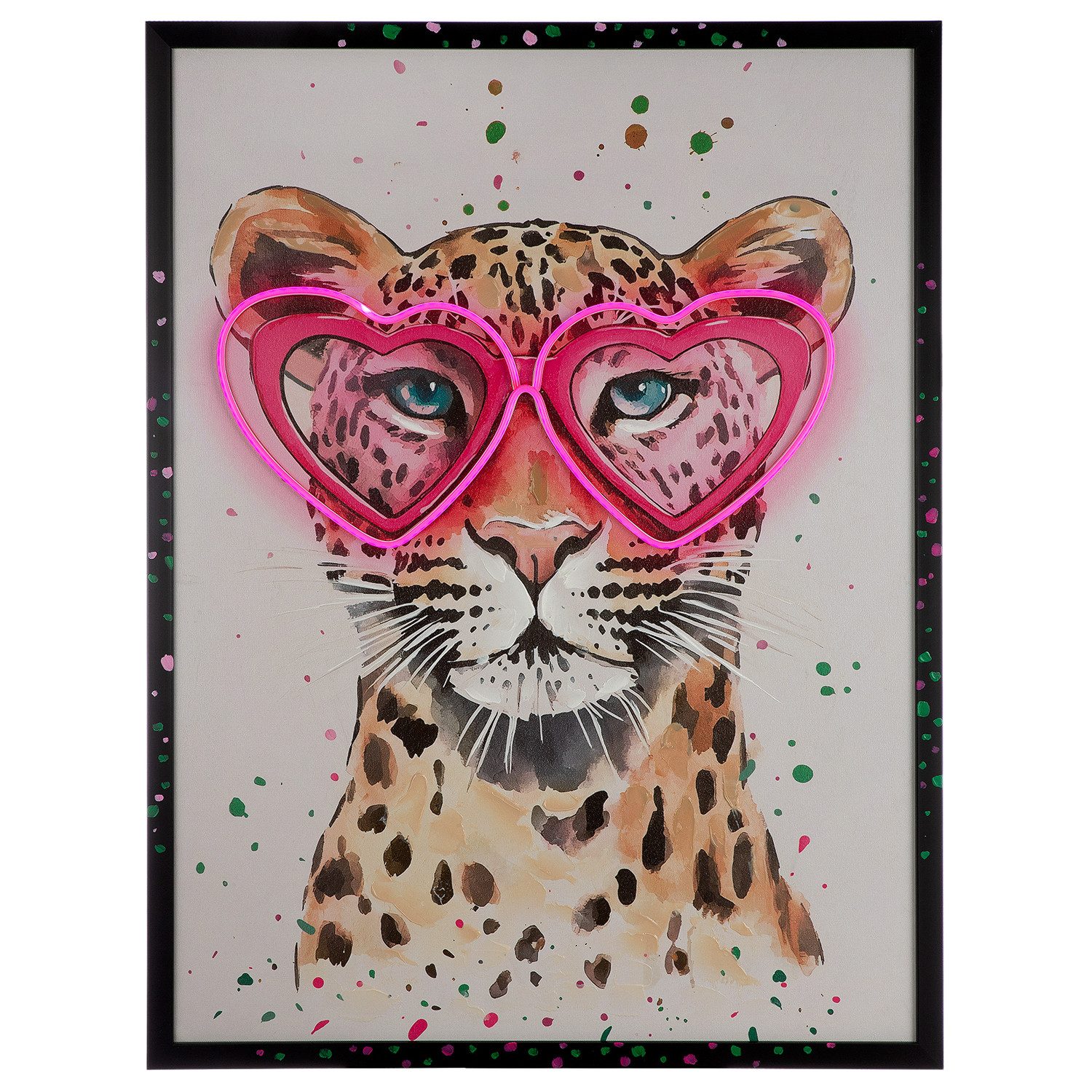 GILDE LED-Bild Bild (LED) LEO LOVE - mehrfarbig - Leinwand - Höhe 83cm x Breite 64cm, Leopardmotiv (1x Bild (LED), Dekoration - Wohnzimmer Bilder - Wandbild Modern