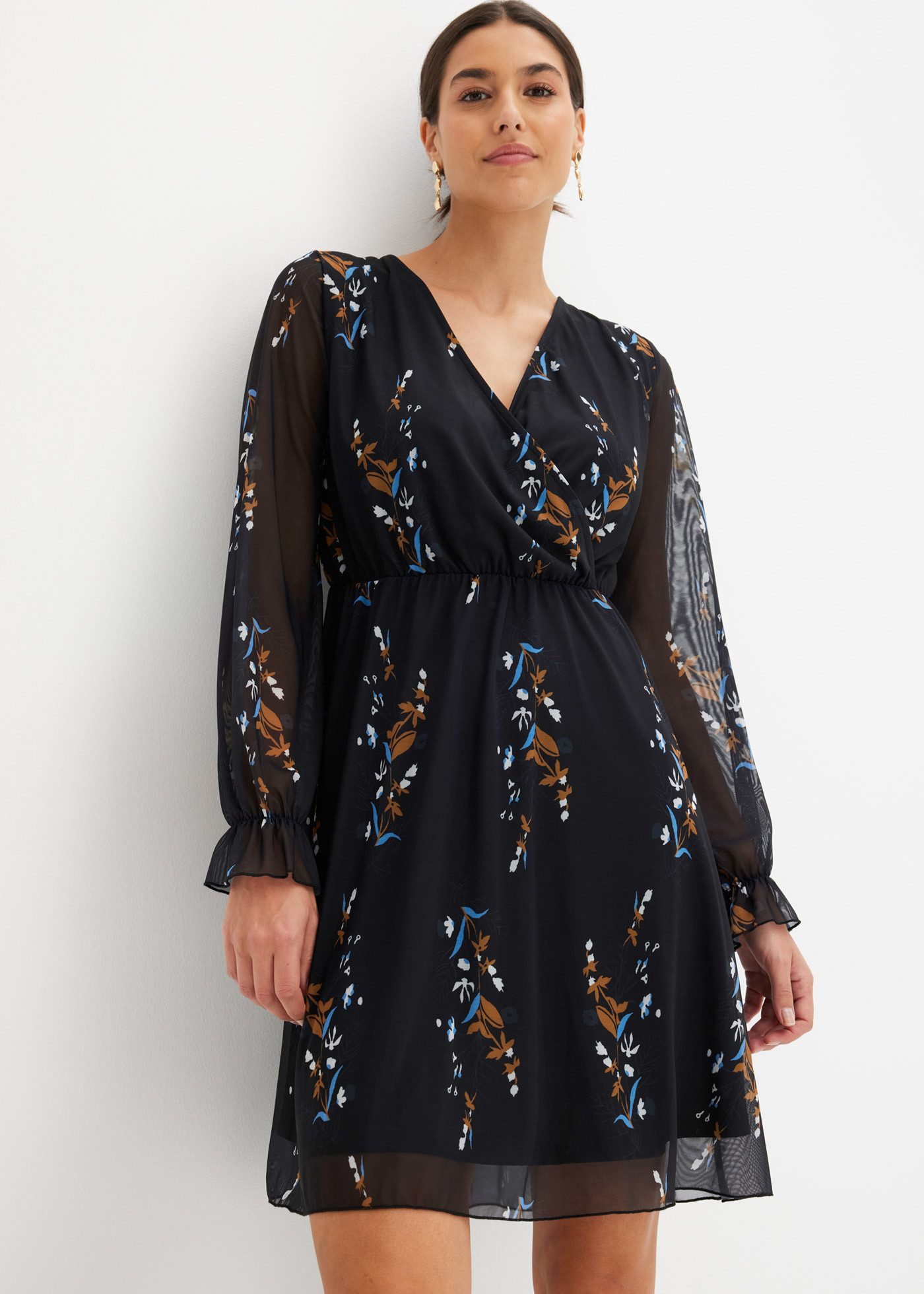 bonprix Minikleid mit langem Arm, V-Ausschnitt, Wickel-Optik, mit floralem Print