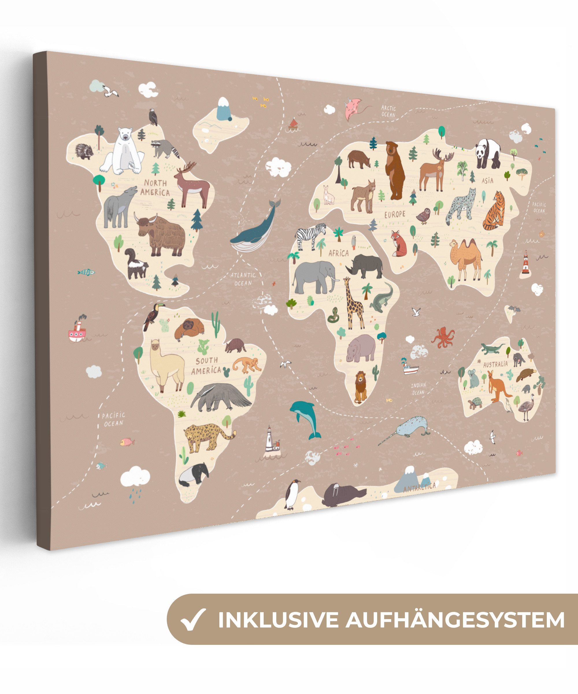OneMillionCanvasses® Leinwandbild Weltkarte Kinder - Tiere günstig online kaufen