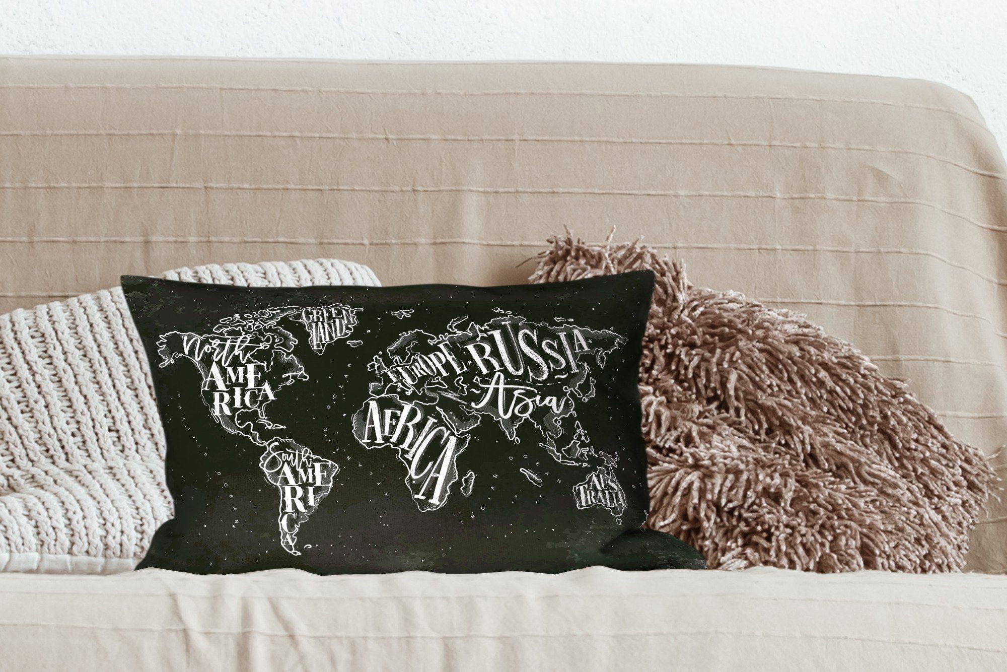 Schlafzimmer Füllung, Dekokissen Einfach - - Wohzimmer Weltkarte Weiß, mit Schwarz Zierkissen, MuchoWow Dekokissen Dekoration, -