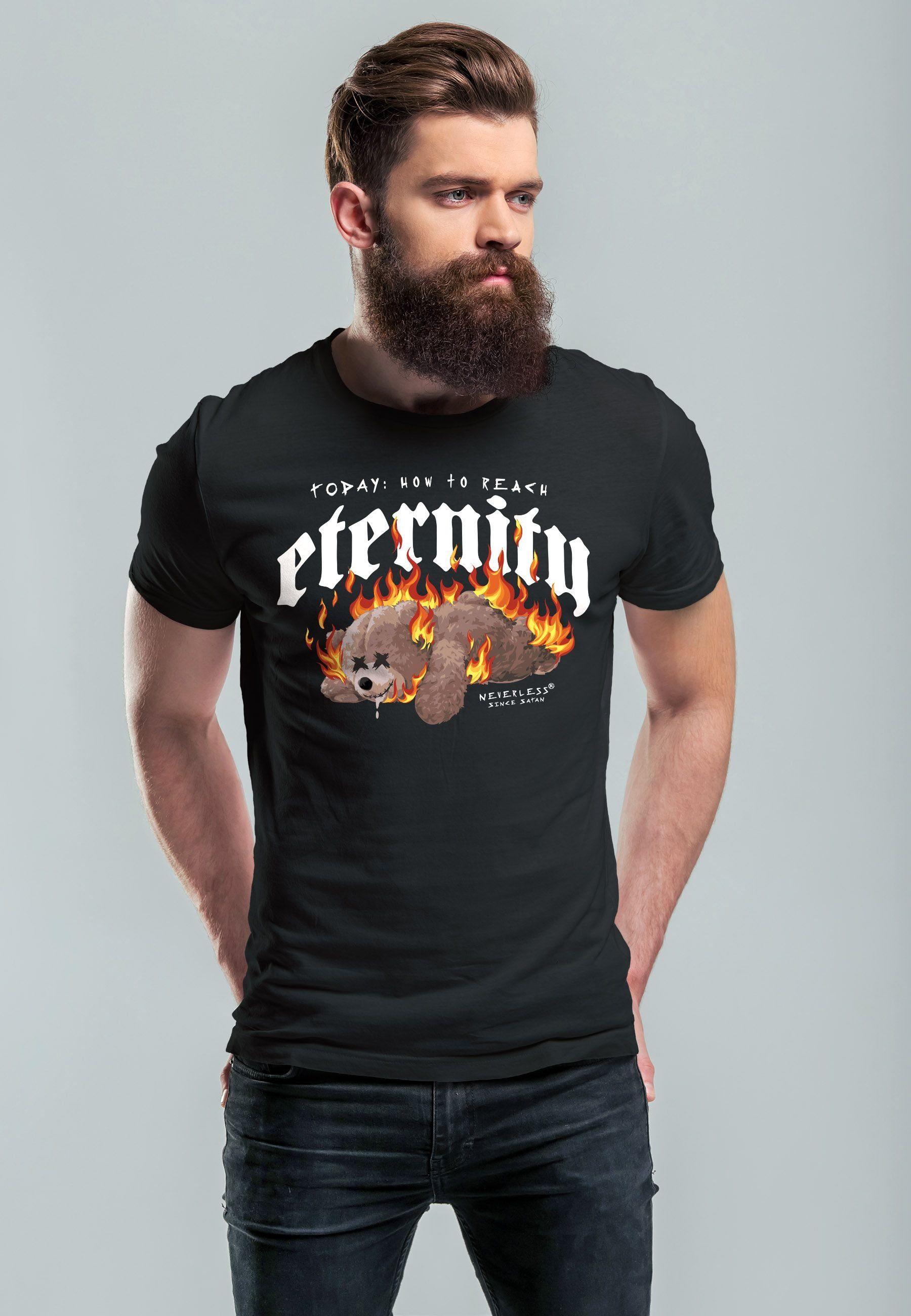 Print Teddy Sarkasmus Bär Print-Shirt schwarz Print Ironie Fash Herren mit Neverless Eternity T-Shirt Aufdruck