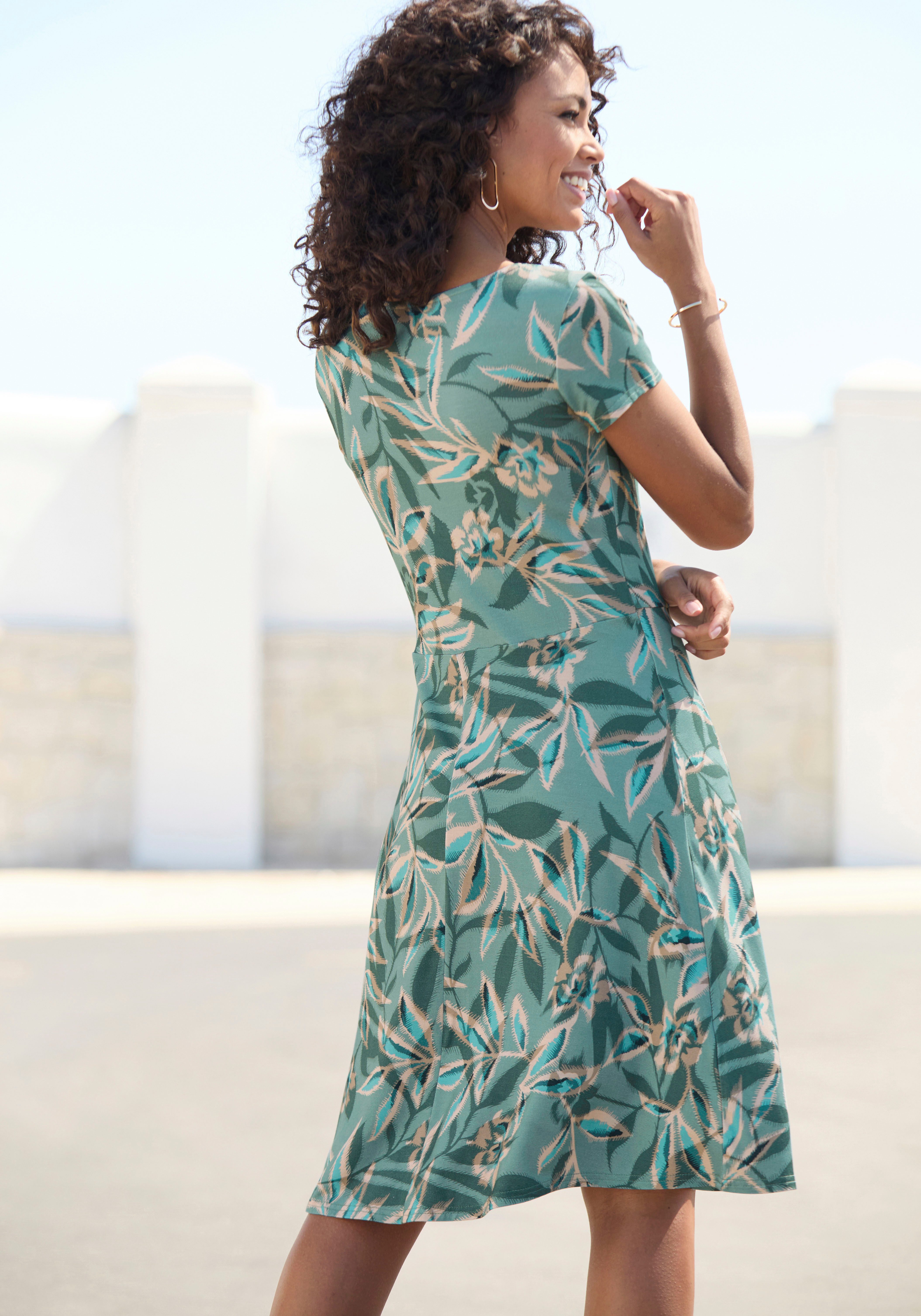 Vivance Sommerkleid mit Alloverdruck und Zierbändern am Ausschnitt, kurzes Strandkleid