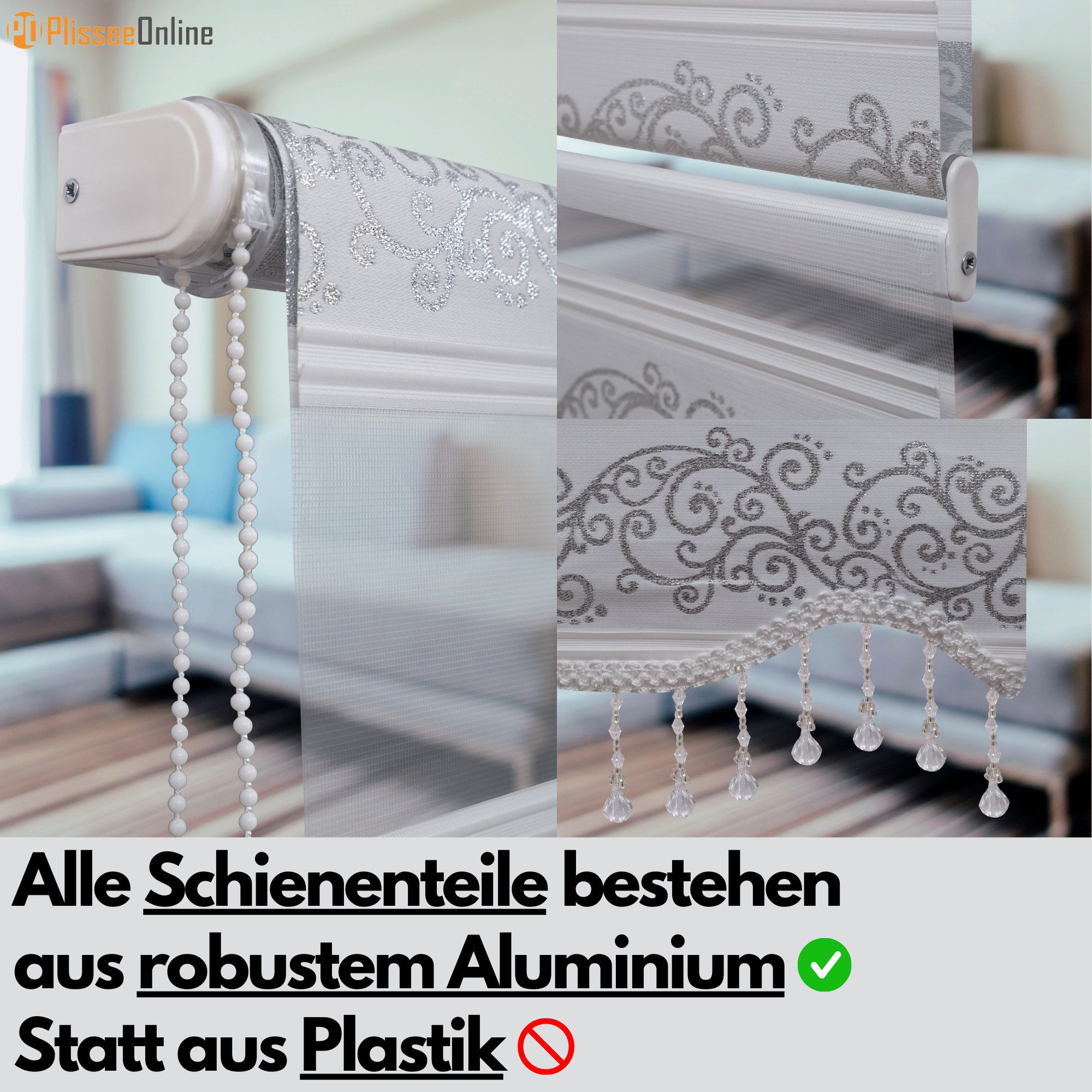 Doppelrollo Doppelrollo Duorollo Klemmfix ohne Bohren 1533 mit Perlen, Plisseeonline, blickdicht, Klemmfix Montage am Fensterrahmen, Freihängend, Klemmfix, Moti – Bild 4 von 5