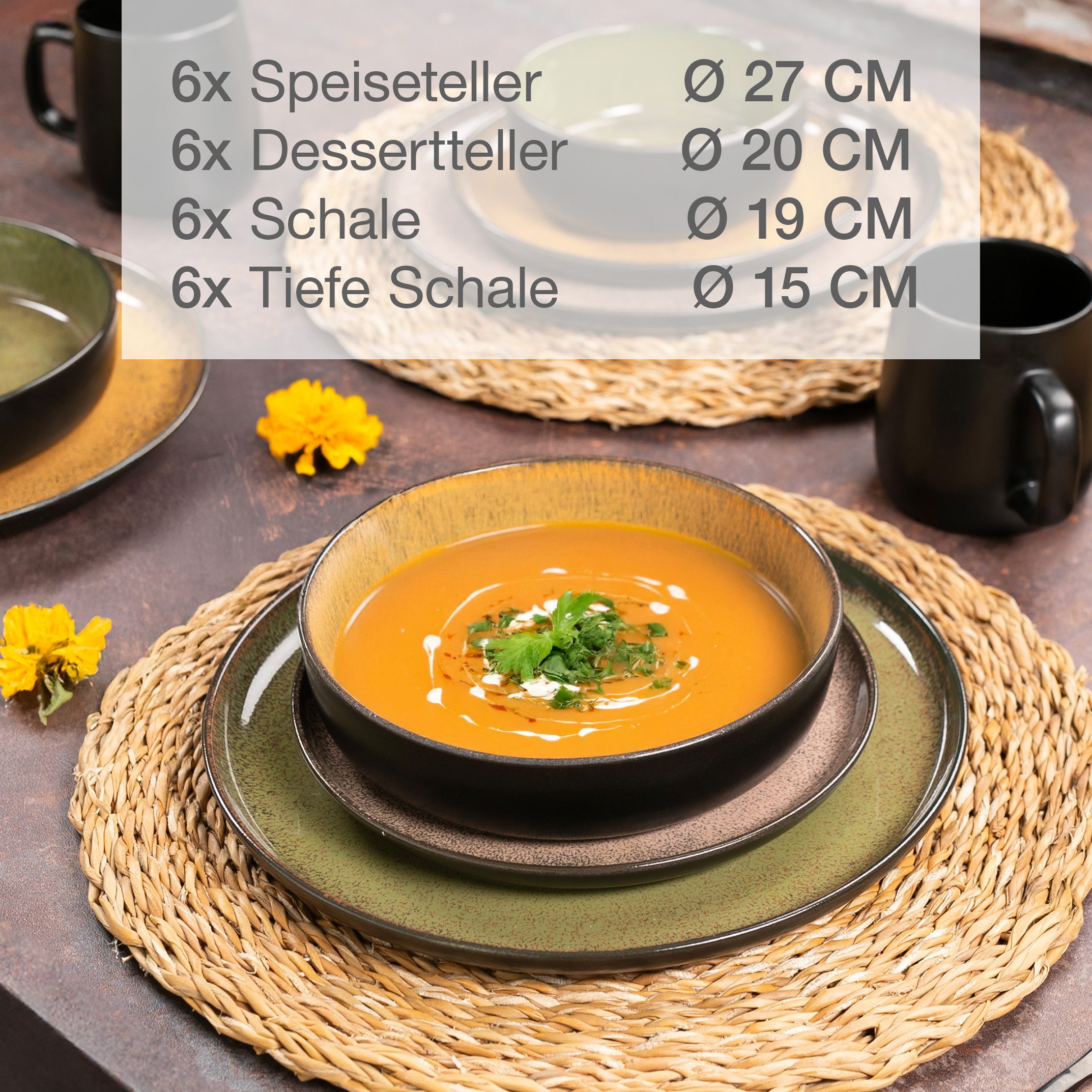 Moritz & Moritz Tafelservice VIDA Geschirrset mit Müslibowls Vintage (24-tlg), 6 Personen, Porzellan, Kombigeschirr für 6 Personen