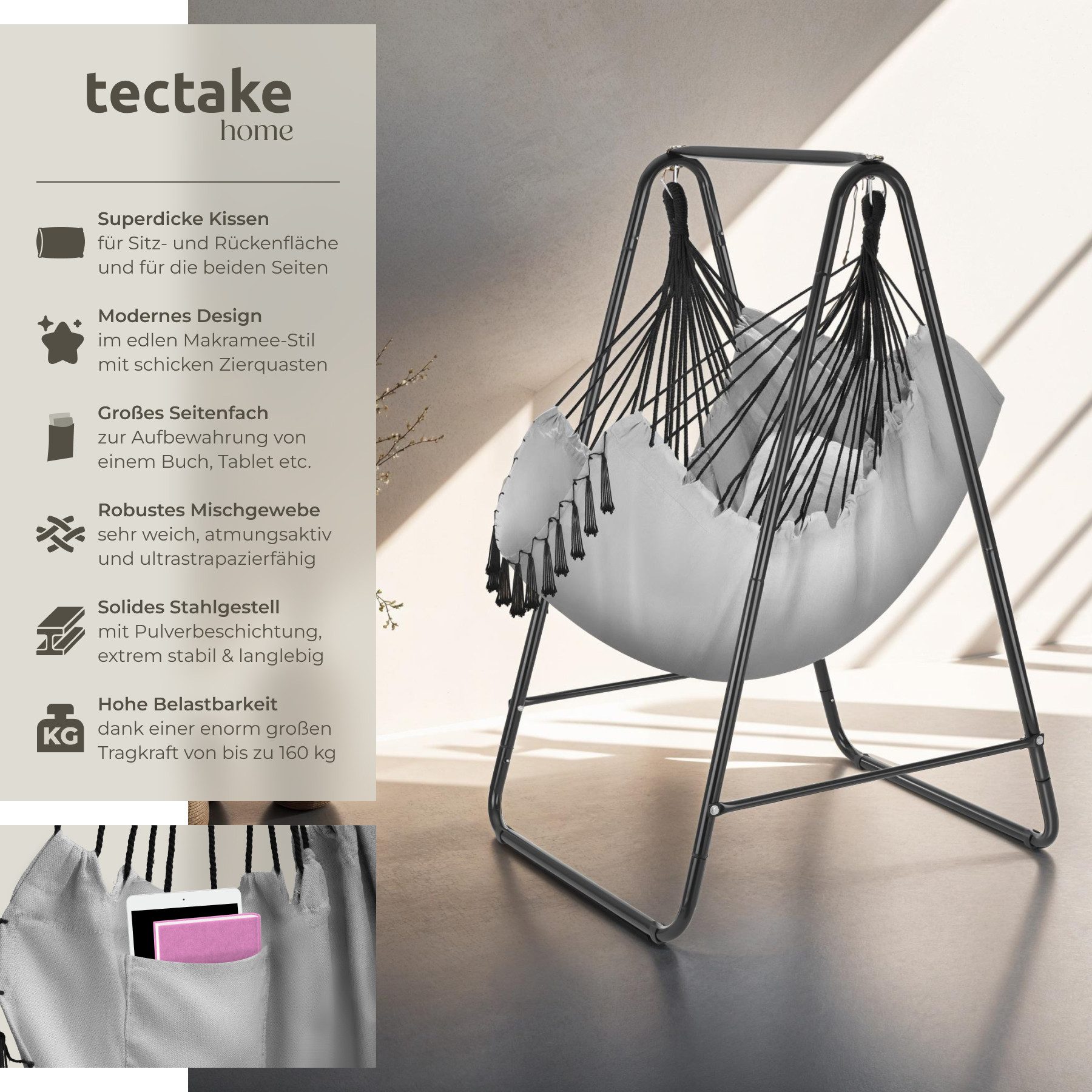 tectake Hängesessel Schaukelstuhl Alison, Boho-Style, Belastbarkeit günstig online kaufen