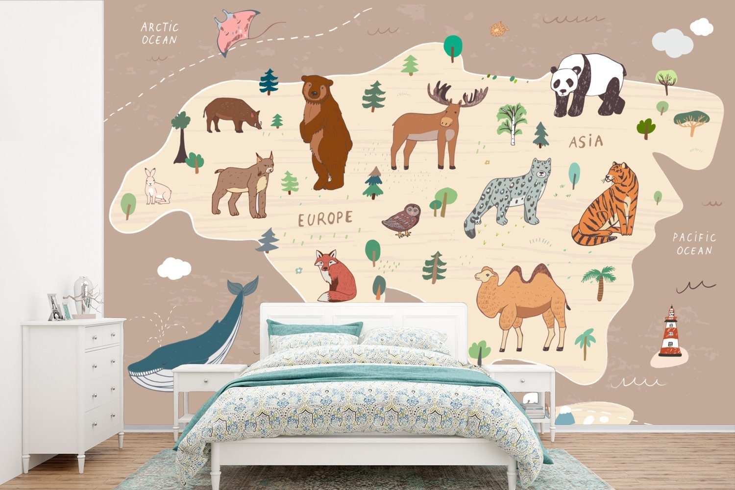 MuchoWow Fototapete Weltkarte - Braun - Tiere - Jungen - Mädchen, Matt, bedruckt, (6 St), Wallpaper für Wohnzimmer, Schlafzimmer, Kinderzimmer, Vinyl Tapete