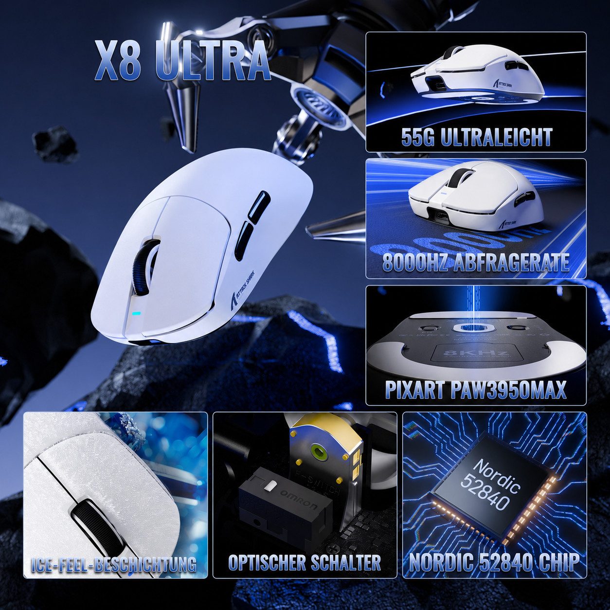 ATTACK SHARK X8ULTRA 8KHz Drahtlose Gaming-Maus,Nordic 52840,PAW3950MAX,42KDPI Gaming-Maus (Bluetooth, 2.4G, USB-C, 750 IPS und 50g Beschleunigung) – Bild 2 von 5