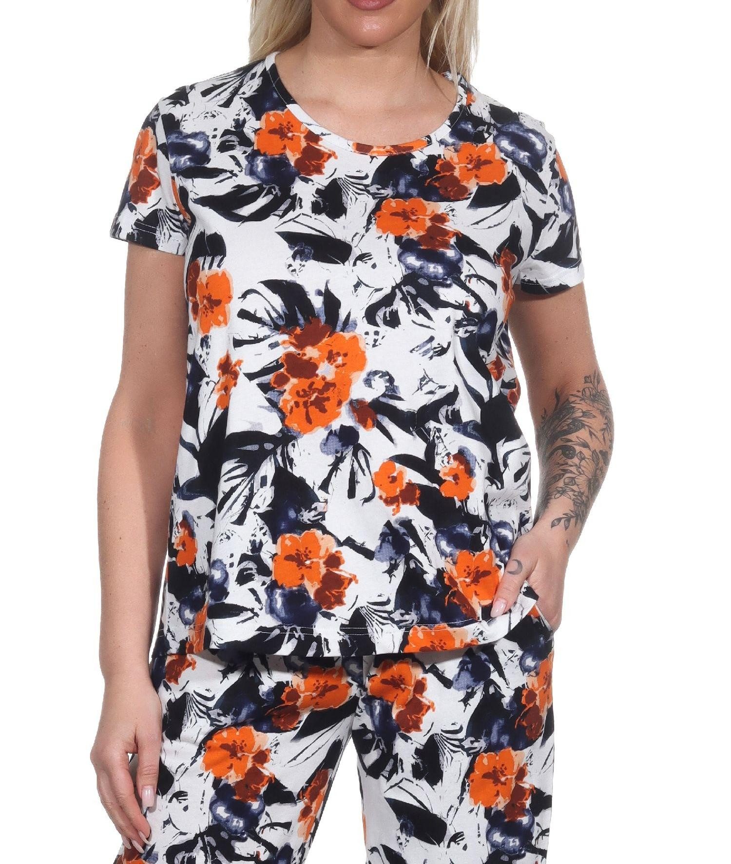Normann Relaxanzug Damen Schlafanzug Shirt kurzarm Pyjama Oberteil Mix & Match geblümt