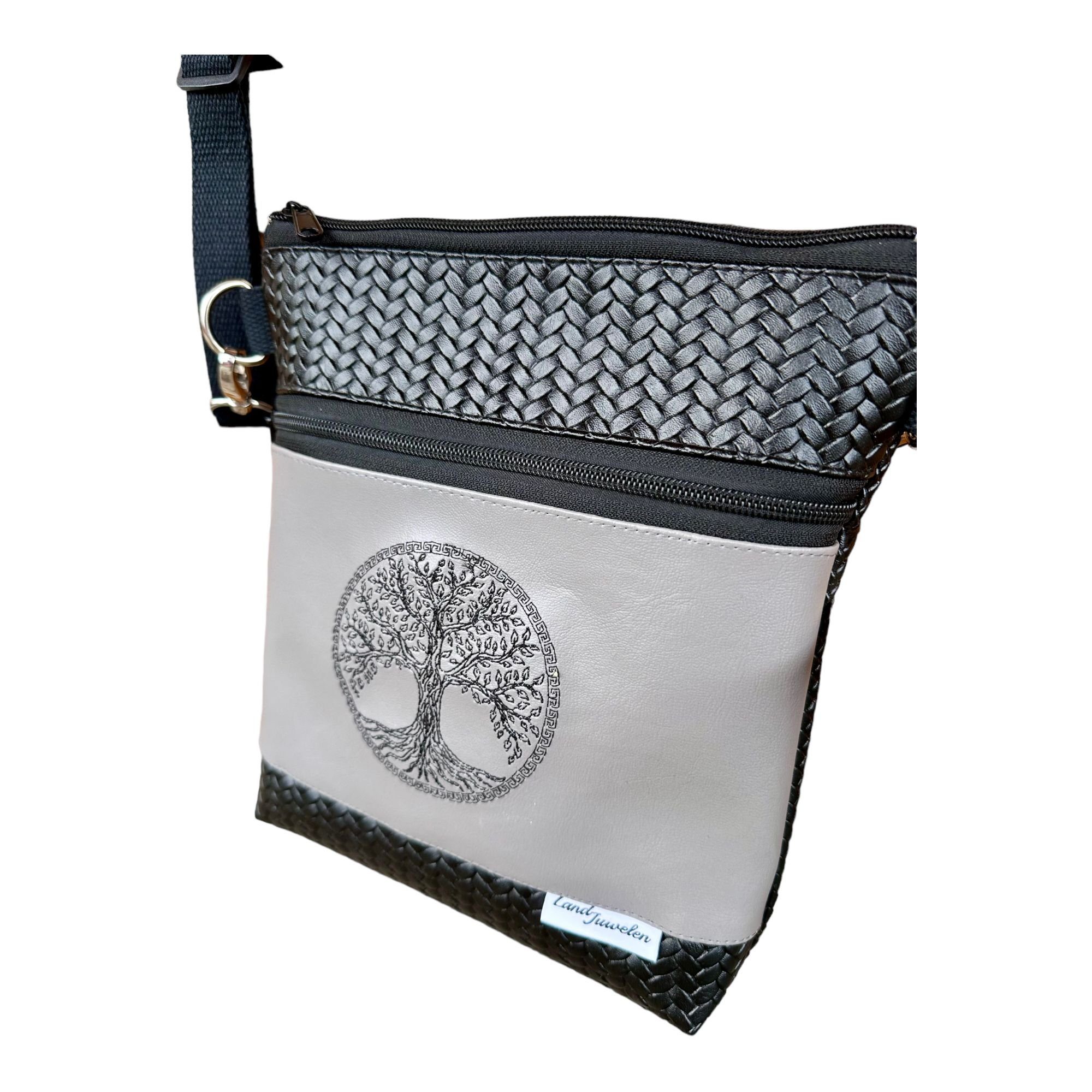 Land-Juwelen Schultertasche Bestickte Schultertasche Lebensbaum schwarz grau