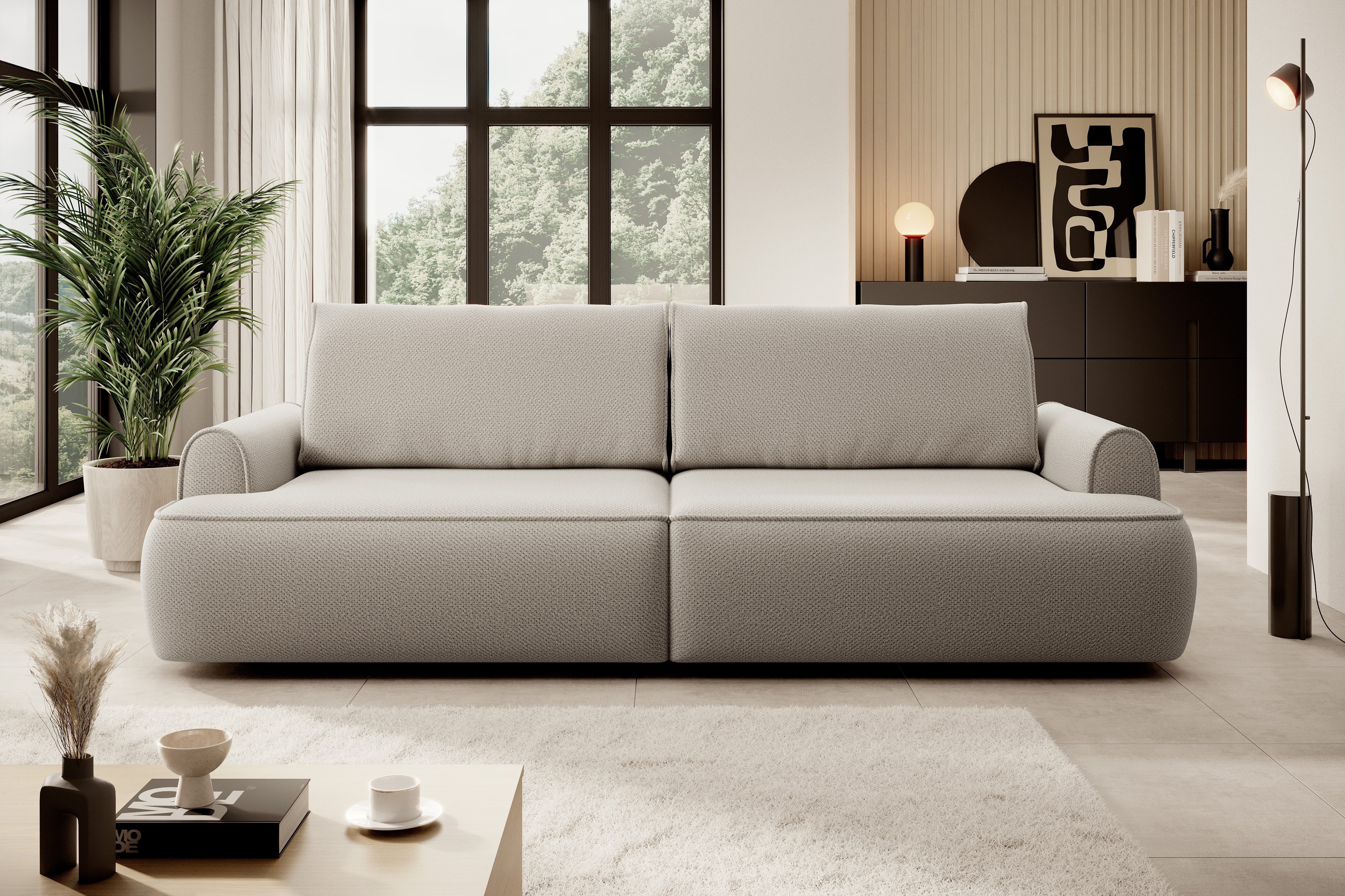 Goldstoff Sofa mit Schlaffunktion grau mit Bettkasten, Modernes Sofa Couch mit Stauraum Sofakissen und Schlaffunktion