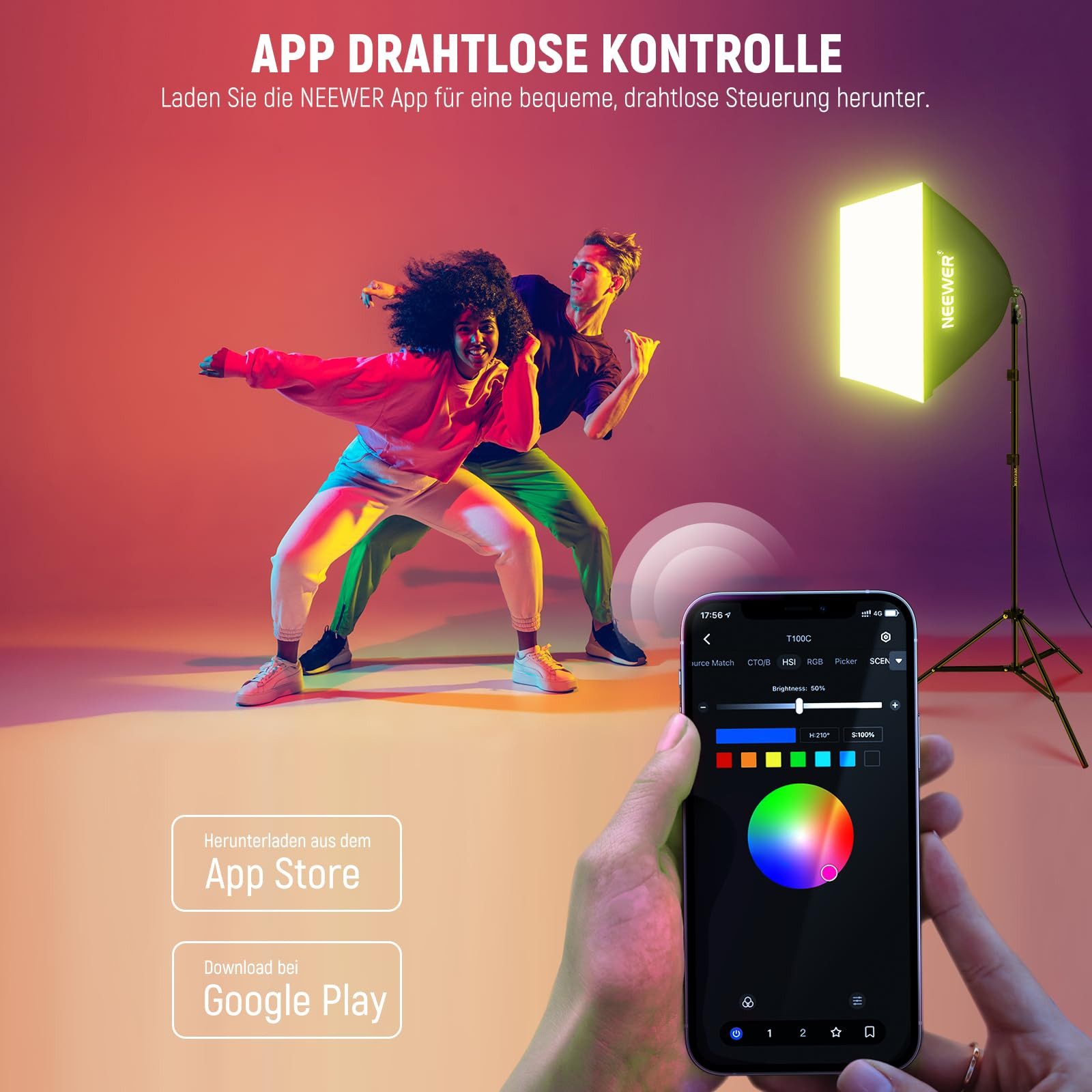 Neewer NK300 RGB Softbox Beleuchtung Set, 24W LED Glühbirne, Dimmbar, CRI93+ Studio-Blitzgerät, (TLCI98+, App-Steuerung, E27 Porzellanfassung, für Studiofotografie)