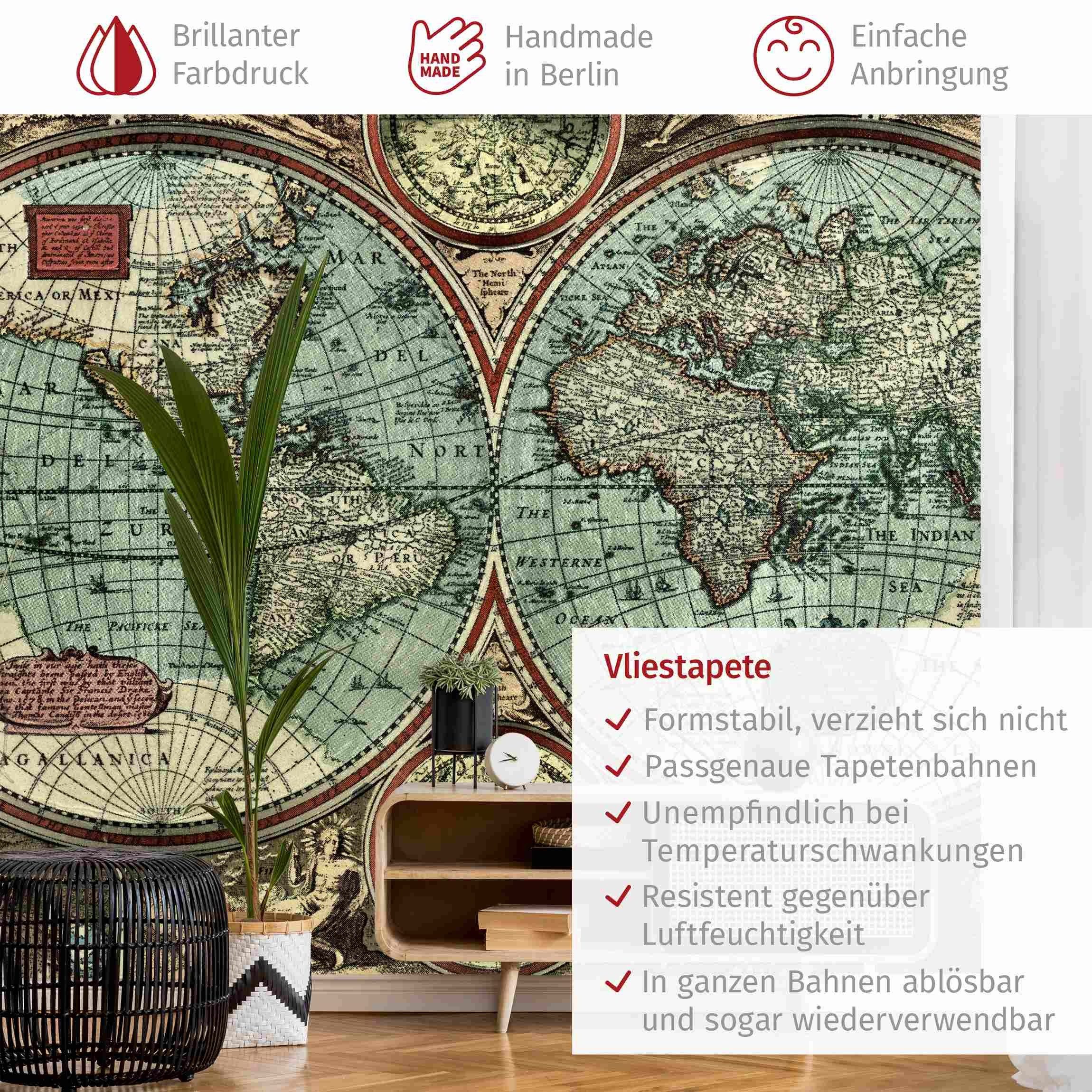 Bilderdepot24 Fototapete Weltkarte Die alte Welt Vintage Rustikal Wanddeko XXL, Glatt, Matt, (Vliestapete inkl. Kleister oder selbstklebend), Wohnzimmer Schlafzimmer Küche Flur Motivtapete Vliestapete Wandtapete
