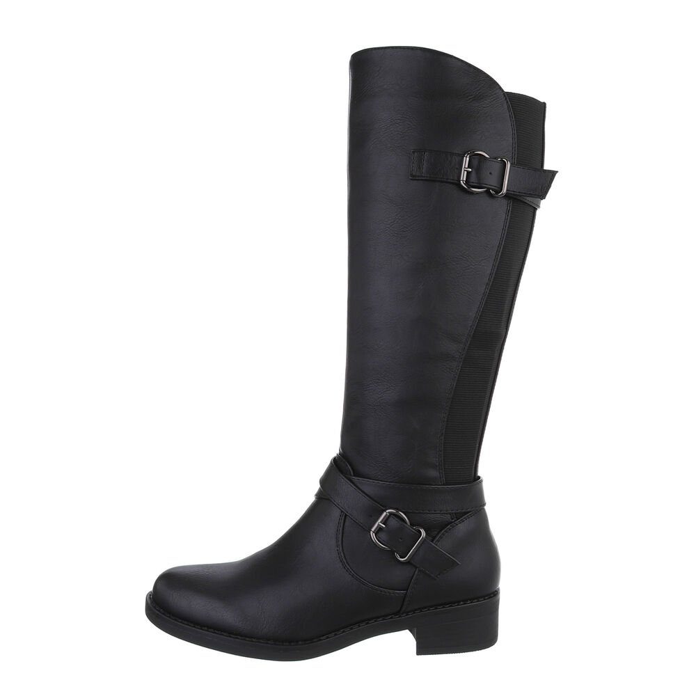 Ital-Design Damen Freizeit Stiefel Blockabsatz Flache Stiefel in Schwarz