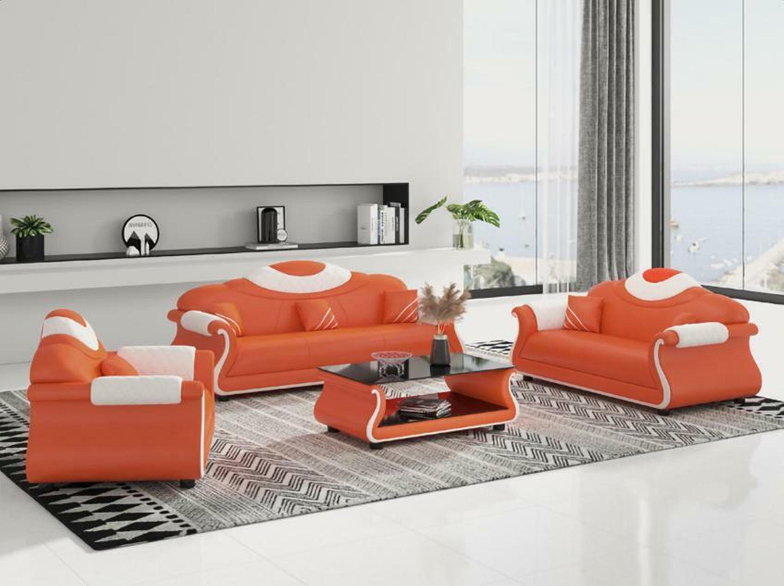 JVmoebel Wohnzimmer-Set Luxus Möbel Couch Sofa Polster 3+2+1 Sitzer + Couchtisch Holz neu Orange/Weiß