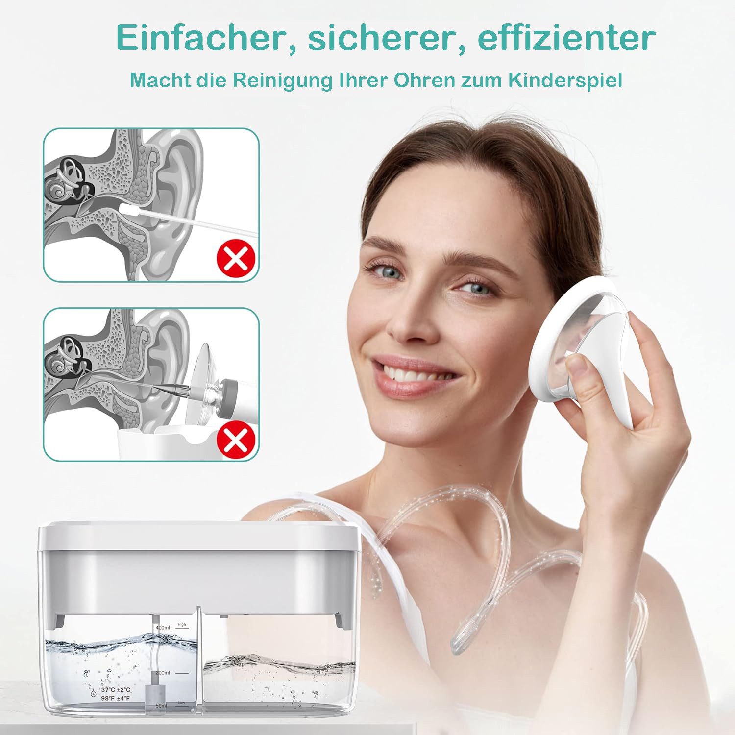 ANYSUN Ohrenreiniger Elektrischer Ohrenschmalz-Entferner, Ohrenreiniger, sicheres, Ohrreinigungsset mit automatischem Abwassersystem, 4 Druckeinstellungen, 10 Spitzen, Ohrenspülung, Ohrenschmalzentfernungswerkzeug