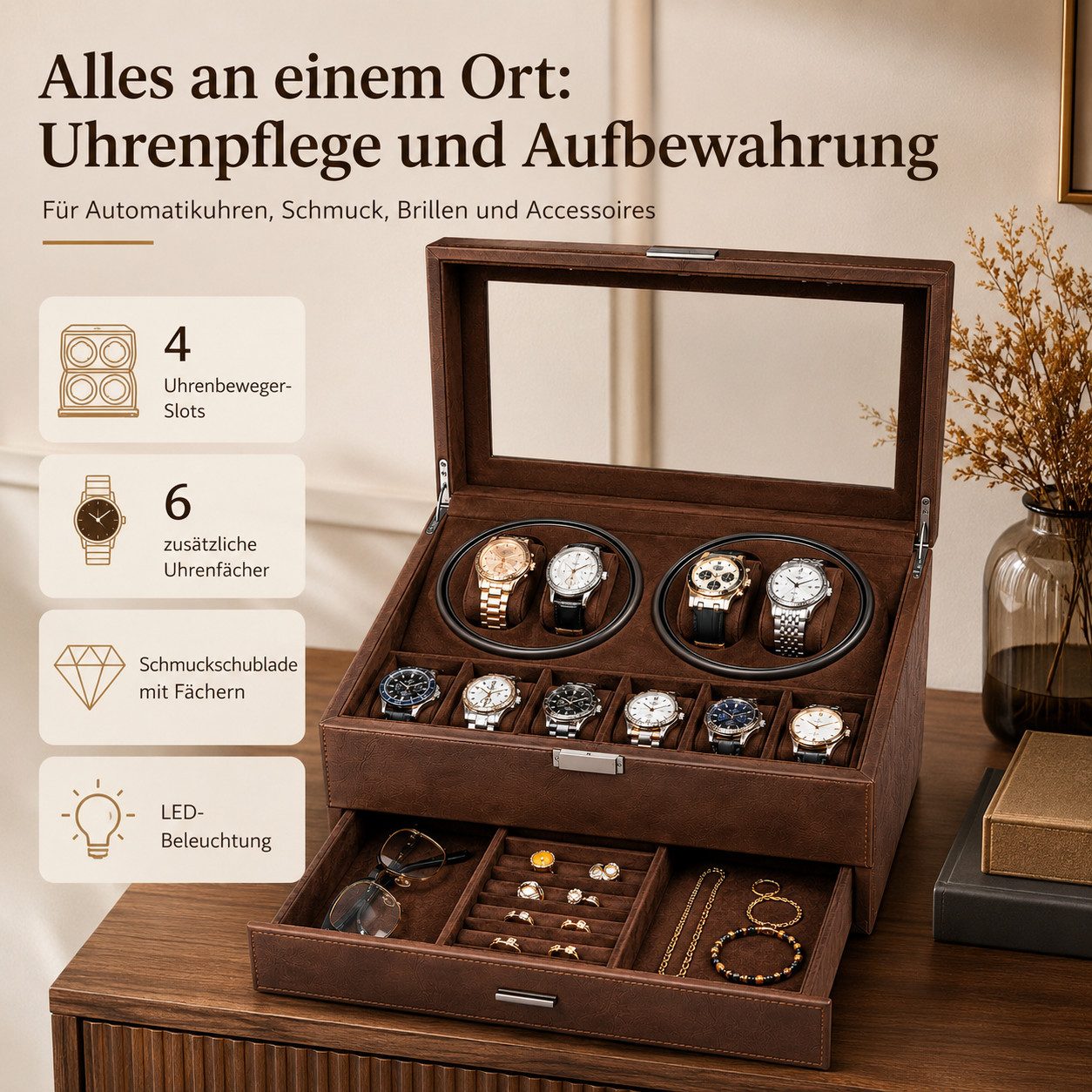 Tekoo Uhrenbeweger für 4 Automatikuhren, 4+6 Uhrenbox mit LED & Schmuckfach, Lederoptik, (Packung), Stop-Funktion bei Deckelöffnung, Mabuchi Geräuscharmes Uhrwerk
