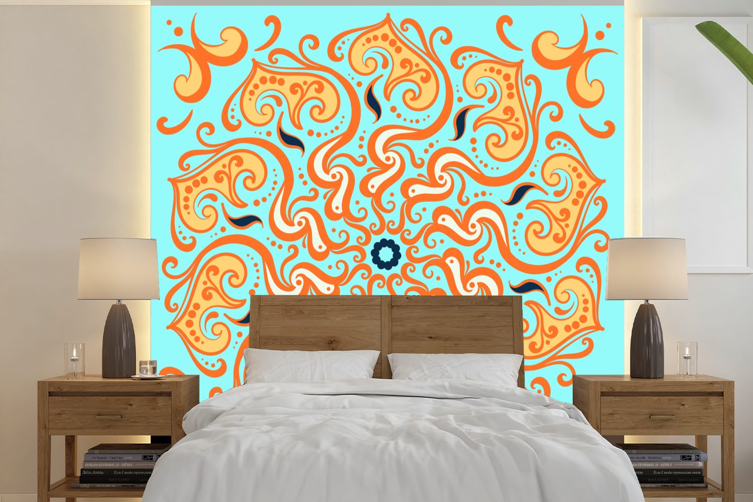 St), für Fototapete Wandtapete Mandala Wohnzimmer Schlafzimmer, Blau, - oder Matt, (5 Orange Vinyl - MuchoWow Tapete Blume bedruckt, -