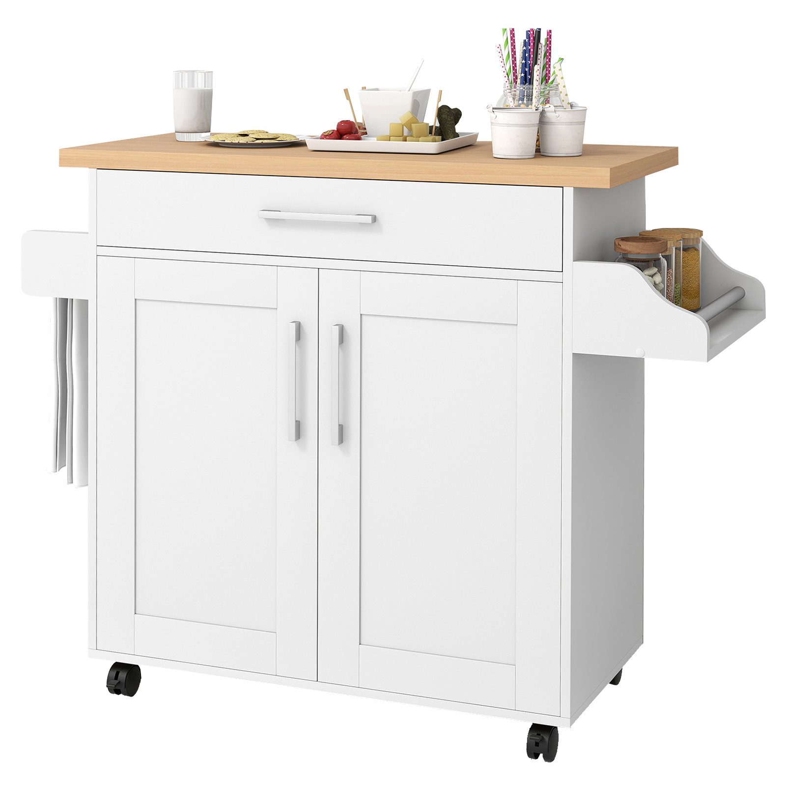 COSTWAY Küchenwagen, mit Arbeitsplatte, Schublade & verstellbarem Regal