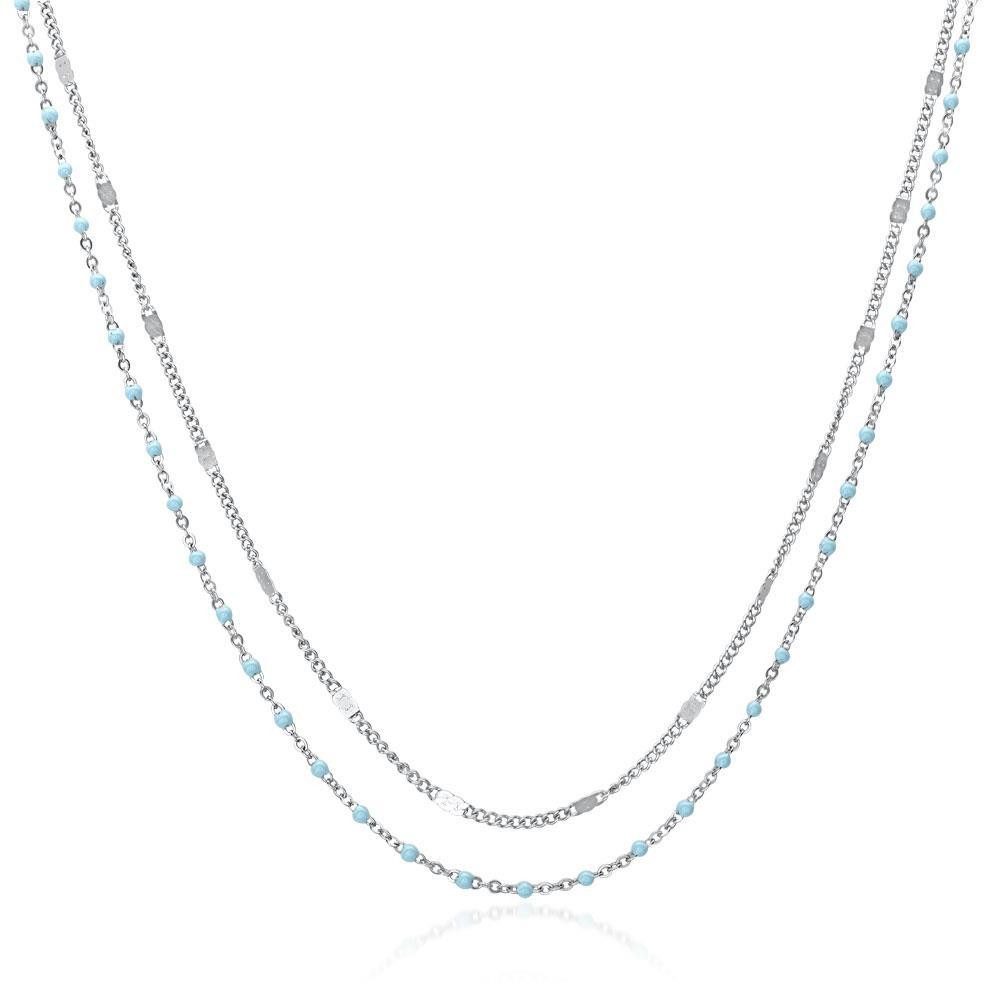 JEWLIX Edelstahlkette Layerkette Damen in Silber Verzierungen aus Emaille, hellblau N5147