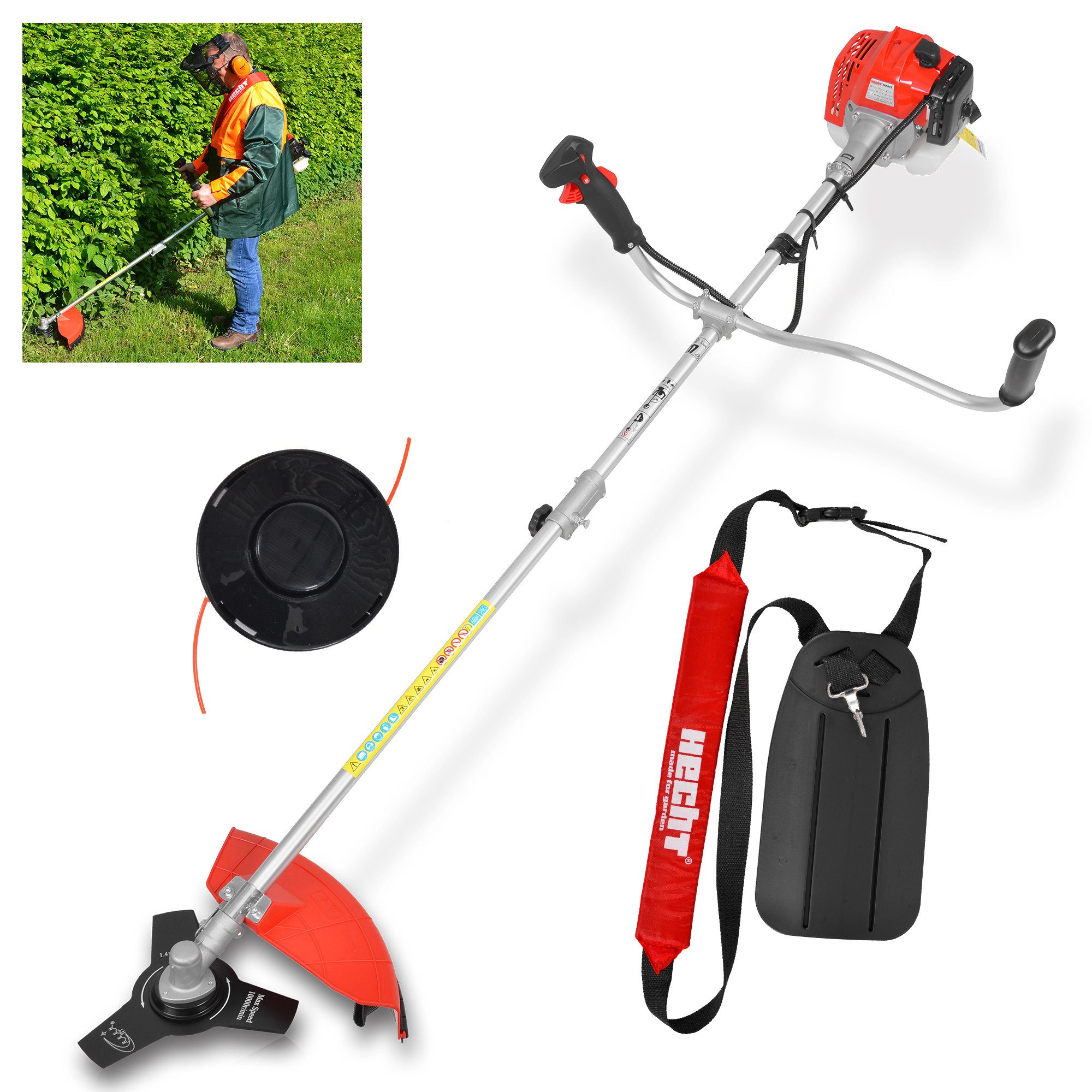 Hecht Benzin-Freischneider 129 BTS mit Tragegurt, 25,5 cm Arbeitsbreite Messer, 43 cm Arbeitsbreite Faden, 1,1 PS