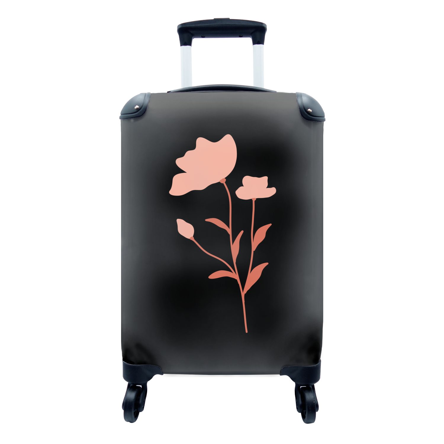 MuchoWow Handgepäckkoffer Illustration einer rosa Blume auf schwarzem Hintergrund, 4 Rollen, Reisetasche mit rollen, Handgepäck für Ferien, Trolley, Reisekoffer