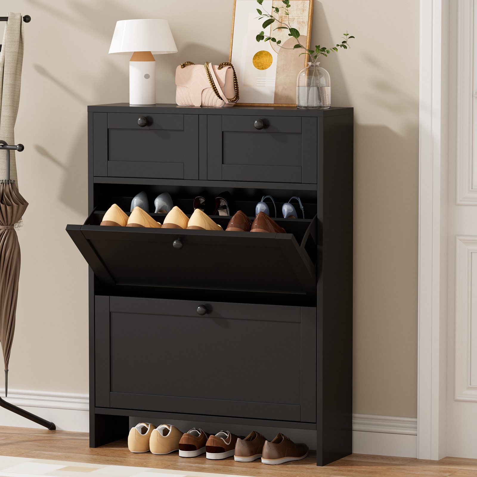 VOWNER Schuhschrank mit 2 Klappfächern, Schuhregal, 4 Fächern, verstellbar (1-St) Anti-Kipp, fürs Eingang/Flurarea, 80x24x110 cm, schwarz