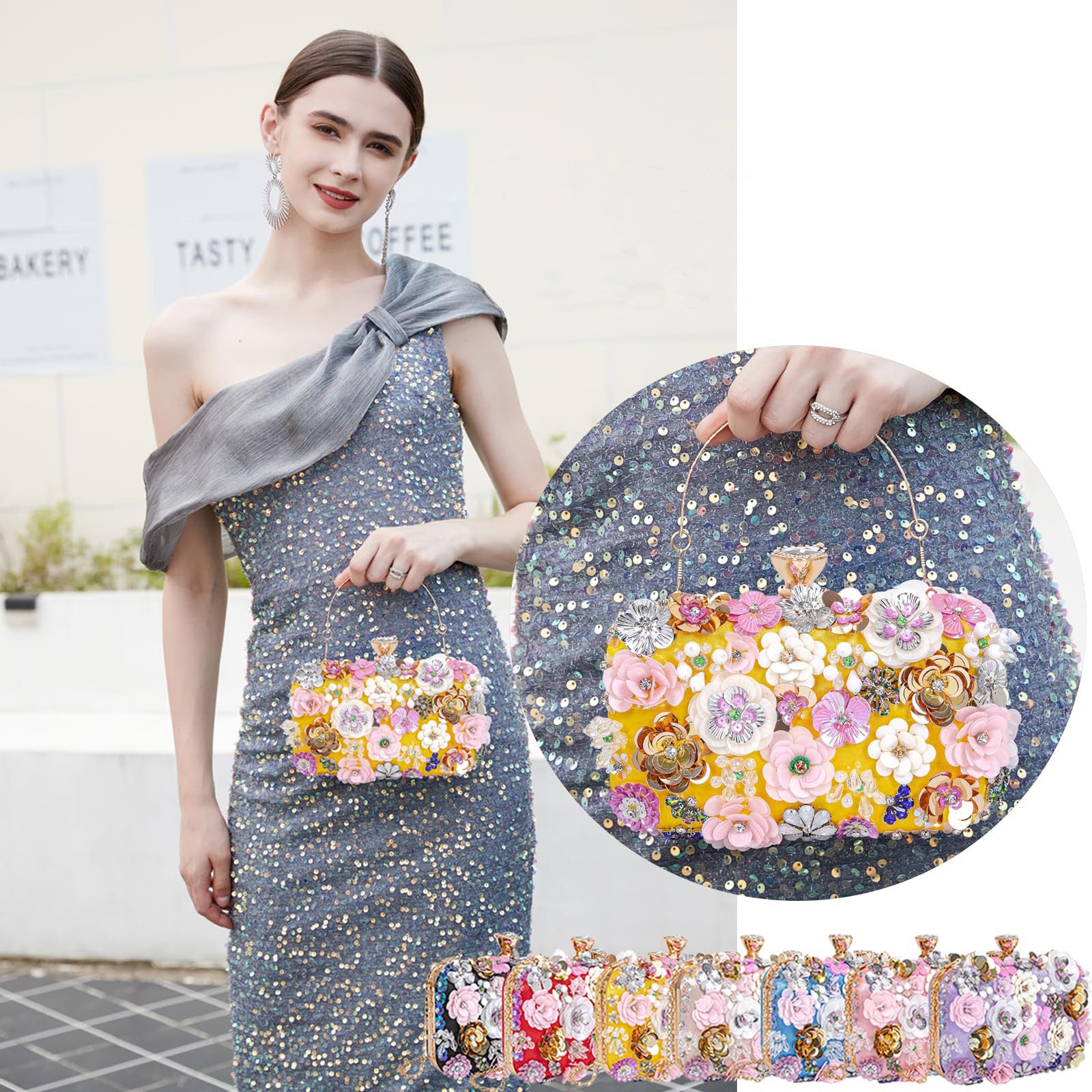 Zaewry Abendtasche Damen-Clutch mit Blumenmuster, Abendhandtasche, Schultertasche, mit Kettenriemen
