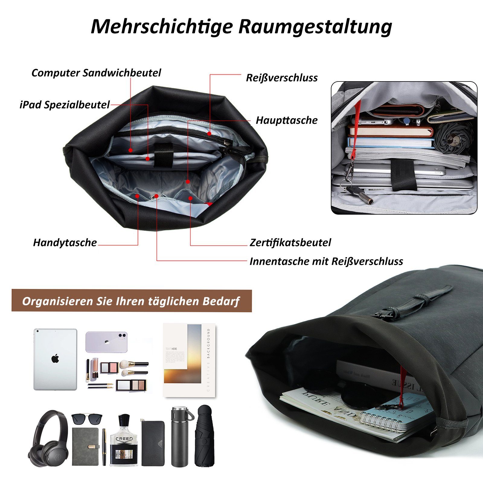 Rolltop Herren Schwarz lässiger Damen Freizeitrucksack USB-Ladebuchse Backpack, Rucksack Leichtgewichtiger, mit Schultasche TAN.TOMI Stilvolle Laptop-Rucksack Groß