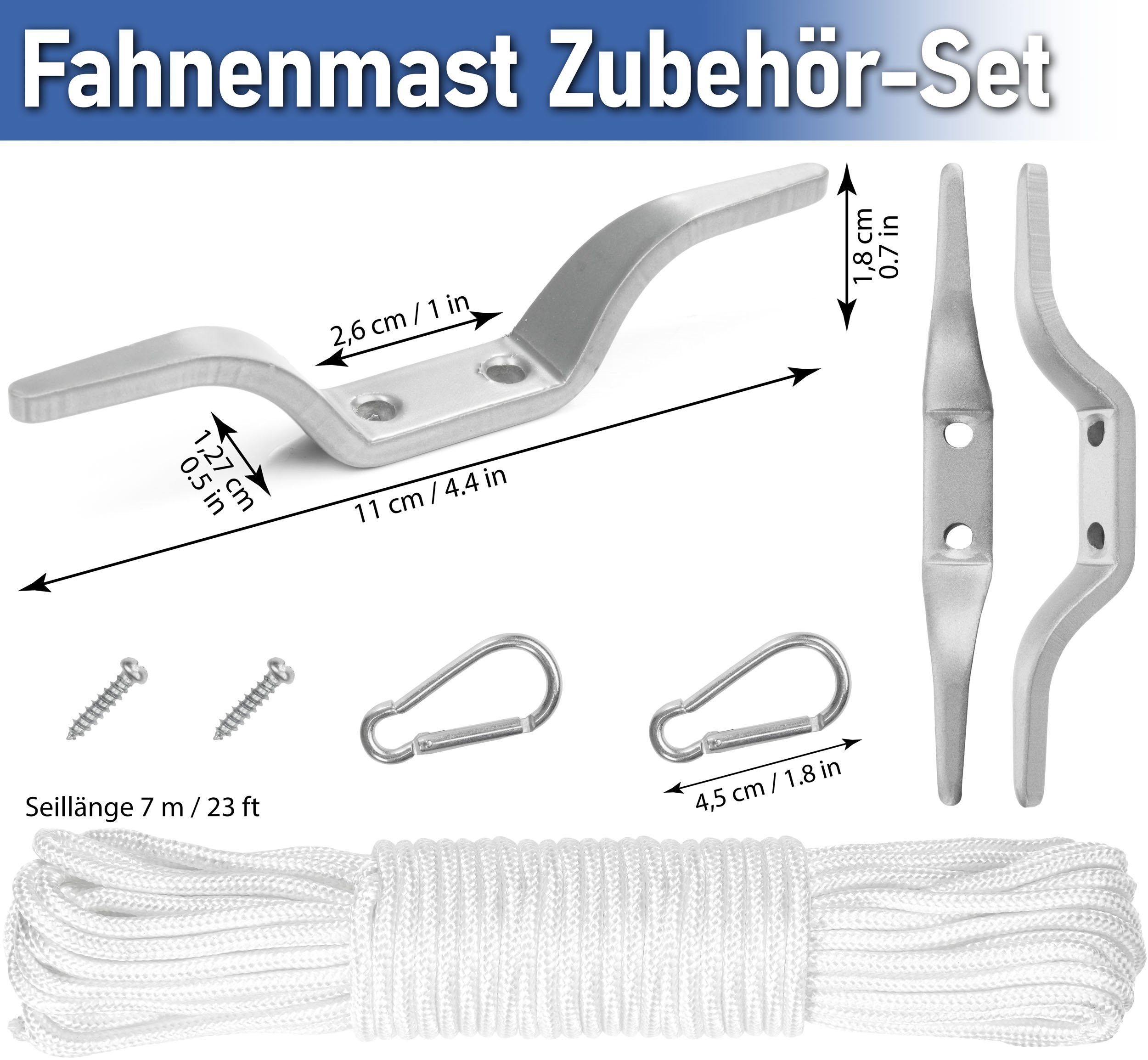 BRUBAKER Fahnenmast Reparaturset - Zubehör Set - Ersatzteile für Flaggenmast, (Für Fahnenmast mit 4,3 cm Ø, 1-St), Seil, Karabiner, Klampe, Aluminium Topper mit Seilrolle + Schrauben