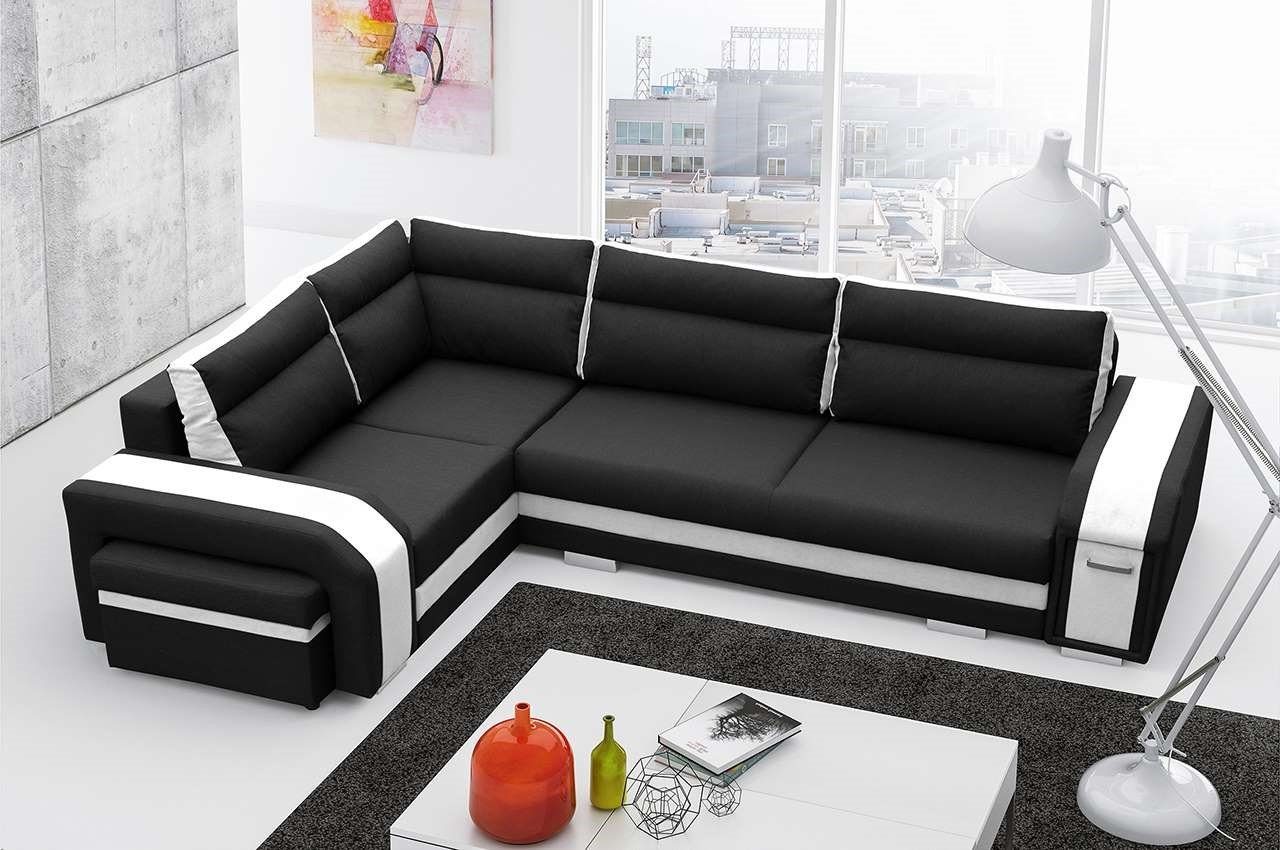 MKS MÖBEL Ecksofa NASSAN, mit Hocker und Minibar - L-Form Couch mit Schlaffunktion Schwarz Inari-weiss Kunstleder