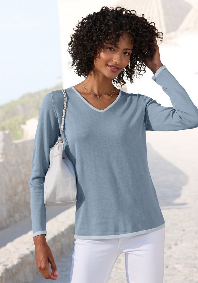 Vivance by Lascana V-Ausschnitt-Pullover mit Kontrastkanten, Basic-Pullover aus weichem Feinstrick, casual