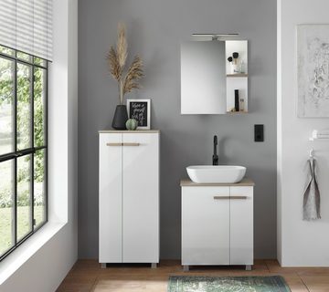 Furn.Design Waschtisch Dense (in weiß Hochglanz Lack und Eiche, 60 x 82 cm stehend/hängend), inklusive Waschbecken