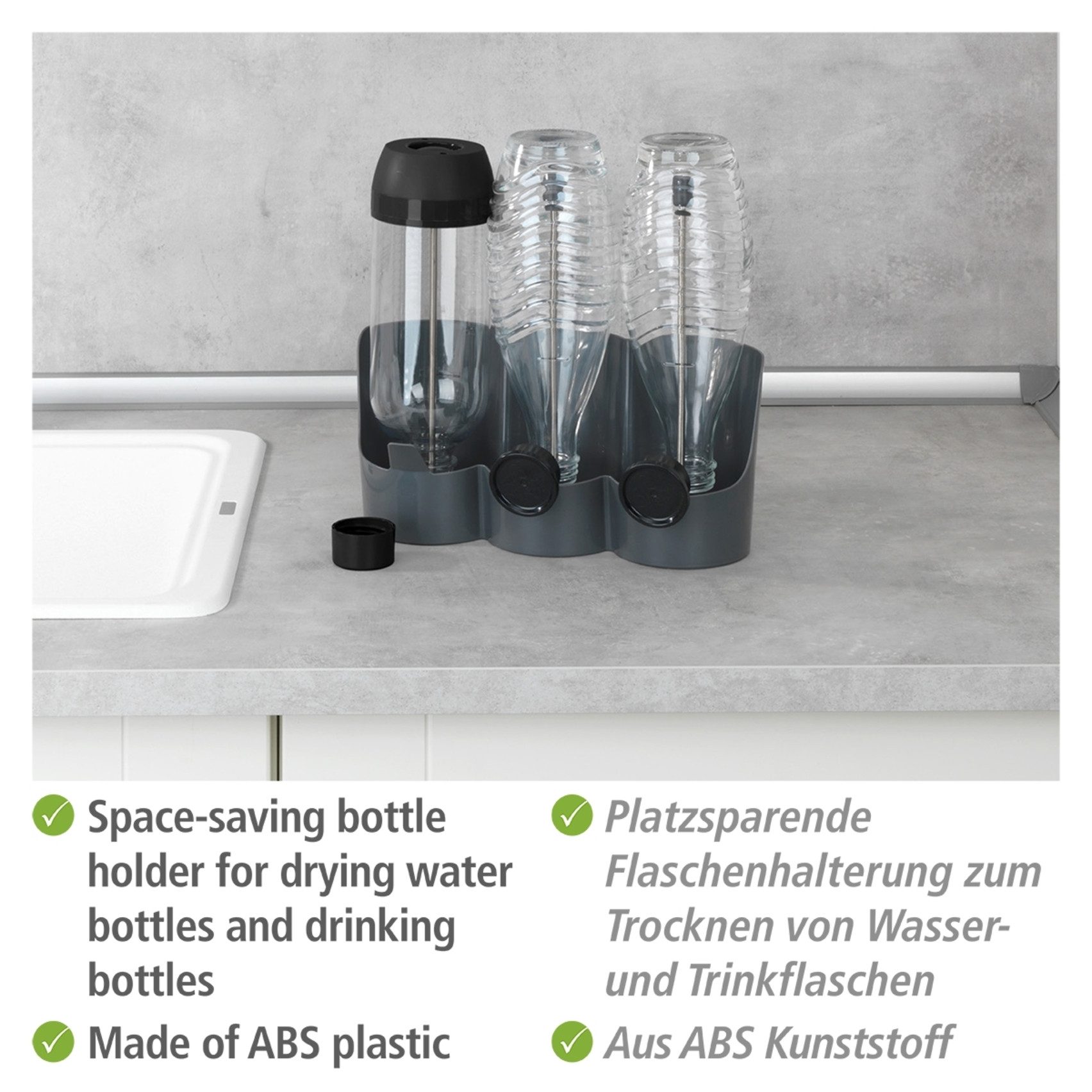 WENKO Flaschenhalter Modell Filia, zum schnellen Trocknen von bis zu 3 Wasser- und Trinkflaschen