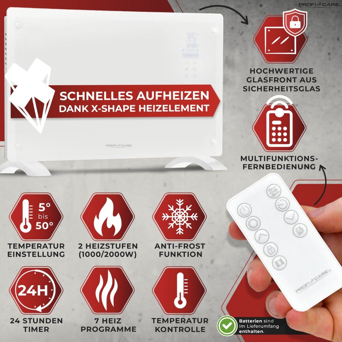 ProfiCare Konvektor PC-GKH 3119, mit Glasfront, einfache Wandmontage, 2 Heizstufen