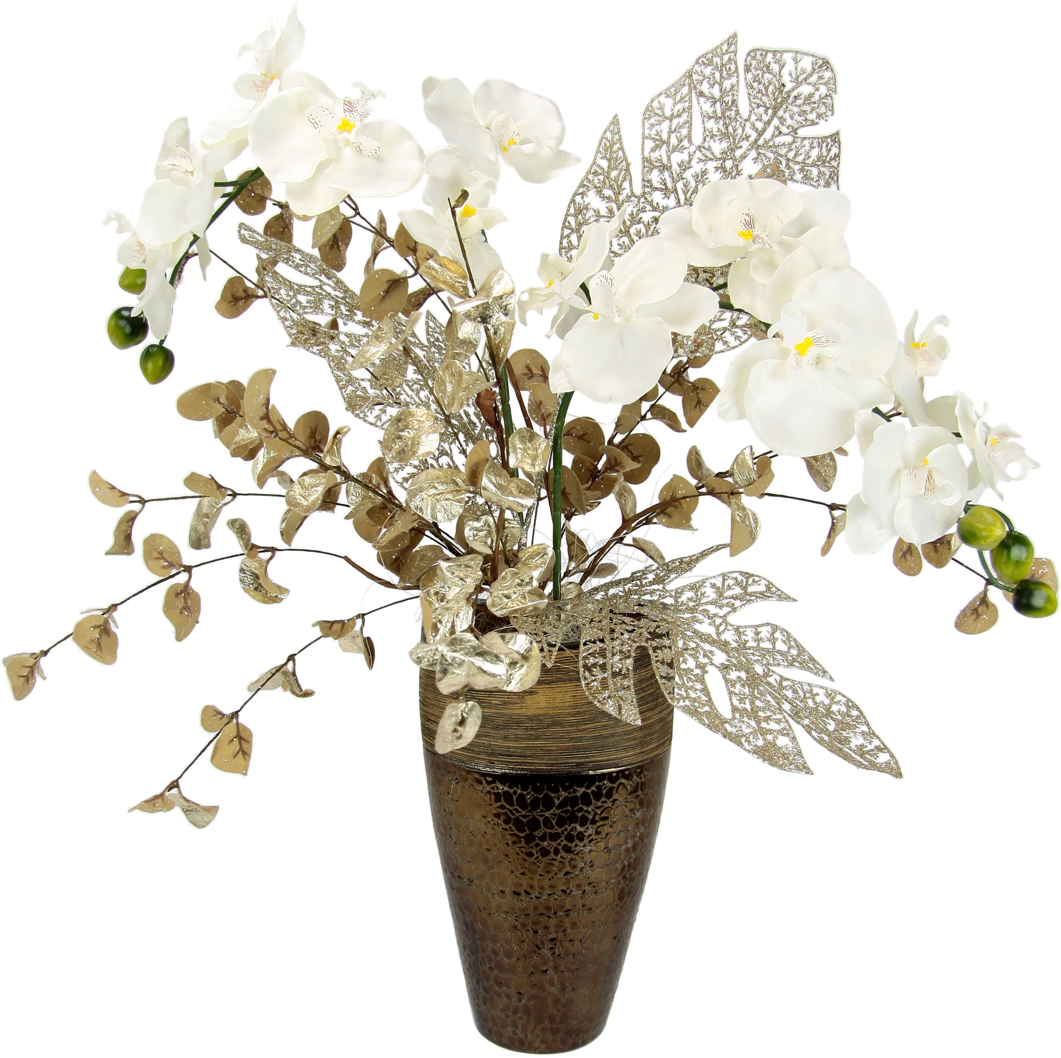 Winterliche Kunstpflanze Gesteck mit Orchidee in Keramikvase, festliche  Weihnachtdeko, Orchidee, Eukalyptus, I.GE.A., Höhe 60 cm, Kunstblumen- Arrangement, Blumenensemble, Weihnachtsgesteck