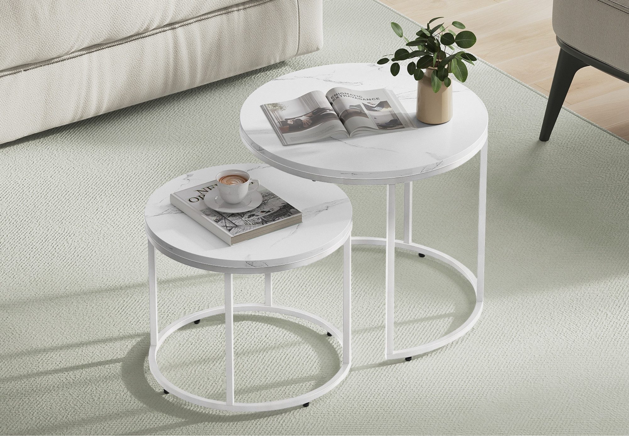 Home Collective Couchtisch 2er Set Beistelltisch Loft Design 2in1 Verschachtelung Wohnzimmer, kratzfeste Oberfläche 53cm & 43cm Weiß Marmor Optik mit Weißen Beinen