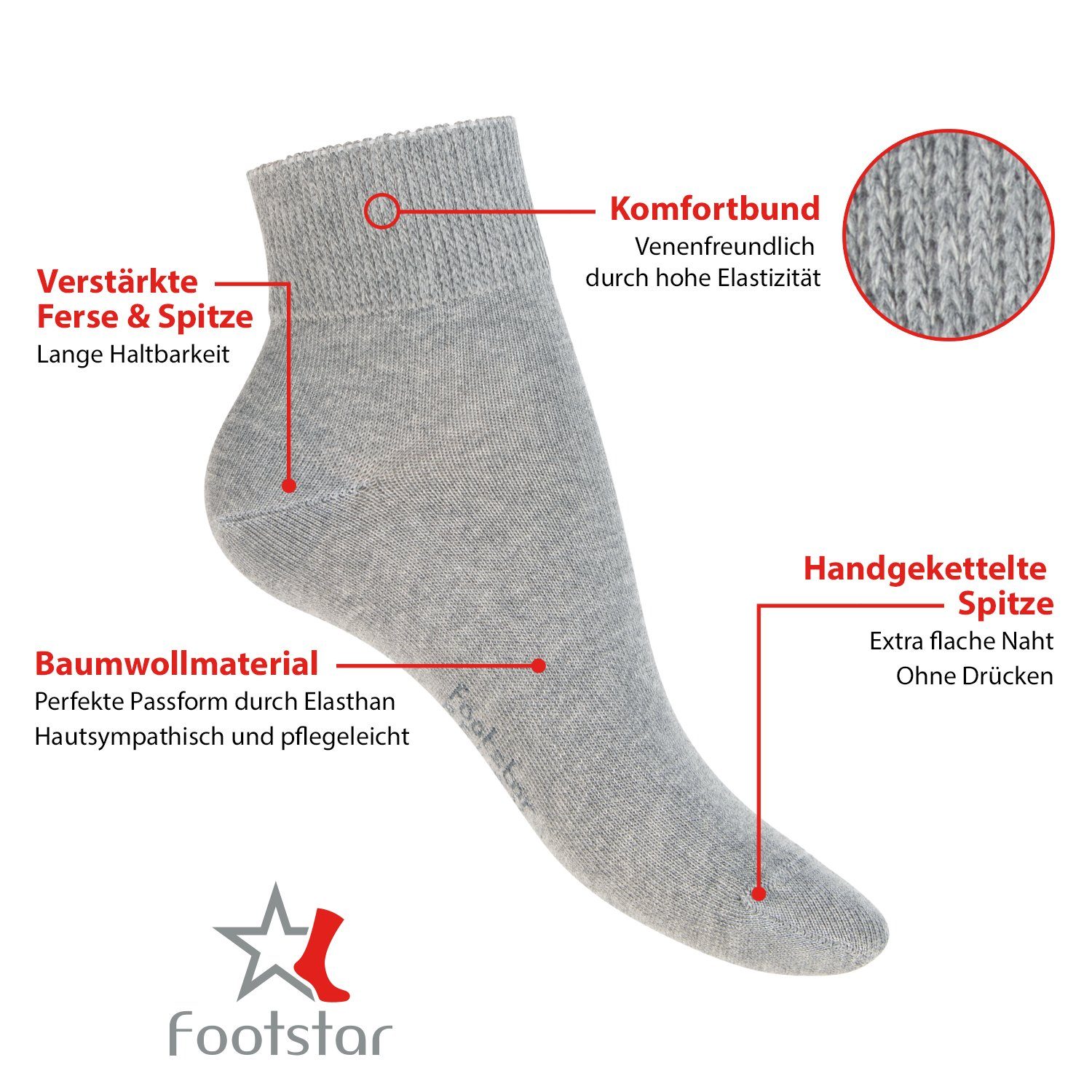 Diabetiker Kurzschaft Grey Footstar Nahtfrei, Classic Socken Gesundheits Paar), (6 Diabetikersocken