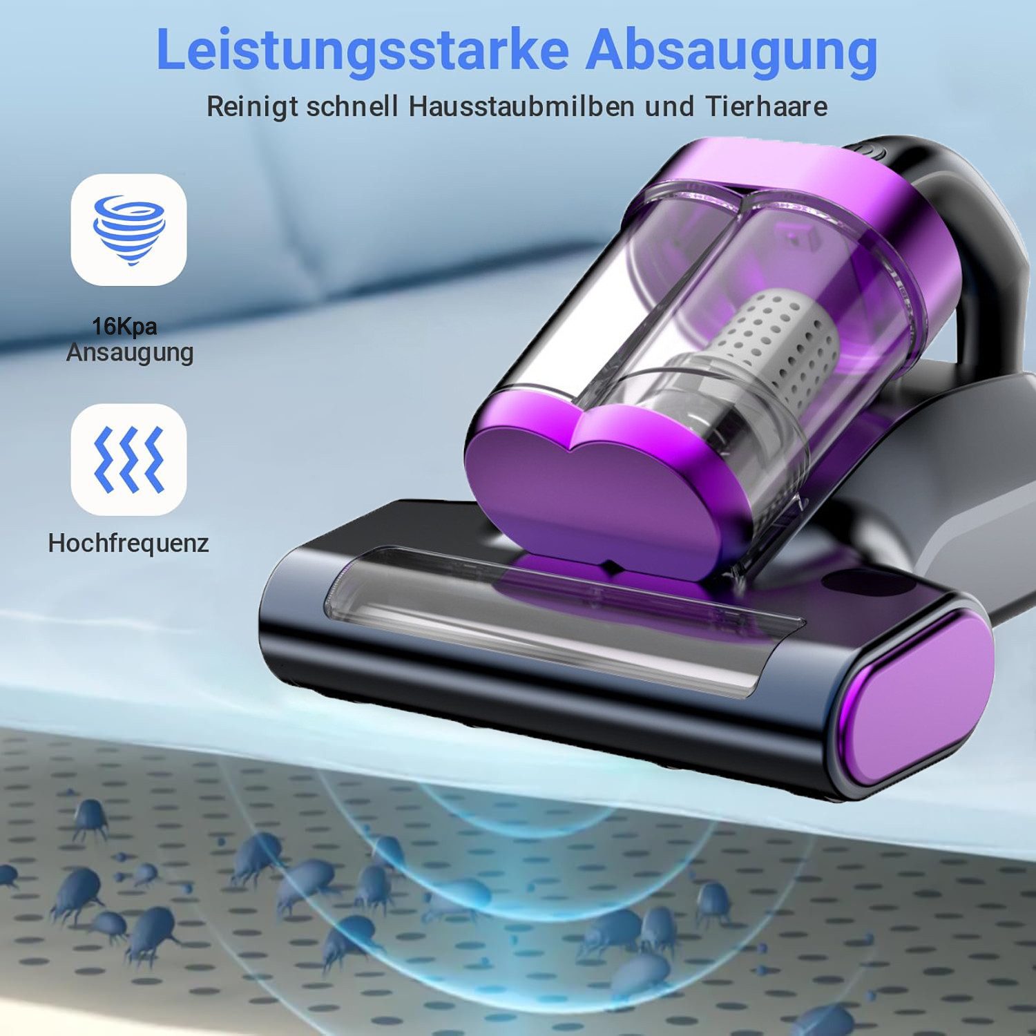 ibettertec Matratzenreinigungsgerät Milbensauger für Matratzen, Milbenstaubsauger mit UV-C Licht, 16Kpa Starke Absaugung Matratzenreiniger mit Heißer Wind