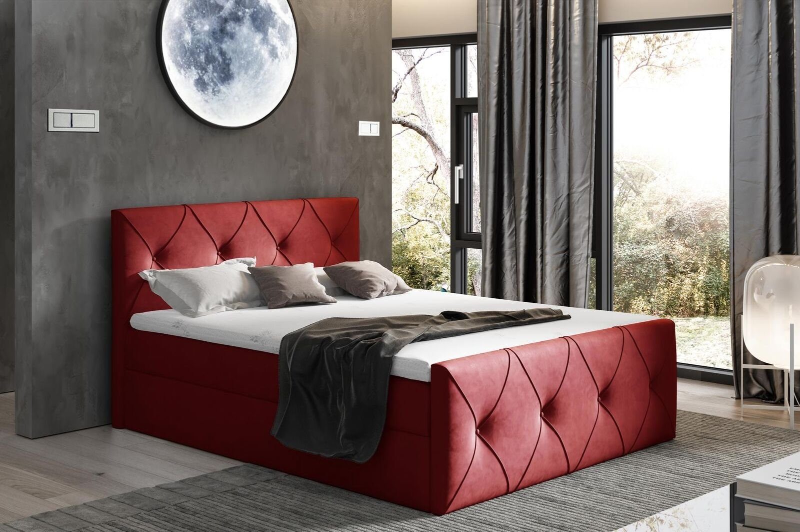 JVmoebel Boxspringbett, Schlafzimmer Design Bett Textil Doppel Rot Betten Bettkasten Boxspringbett