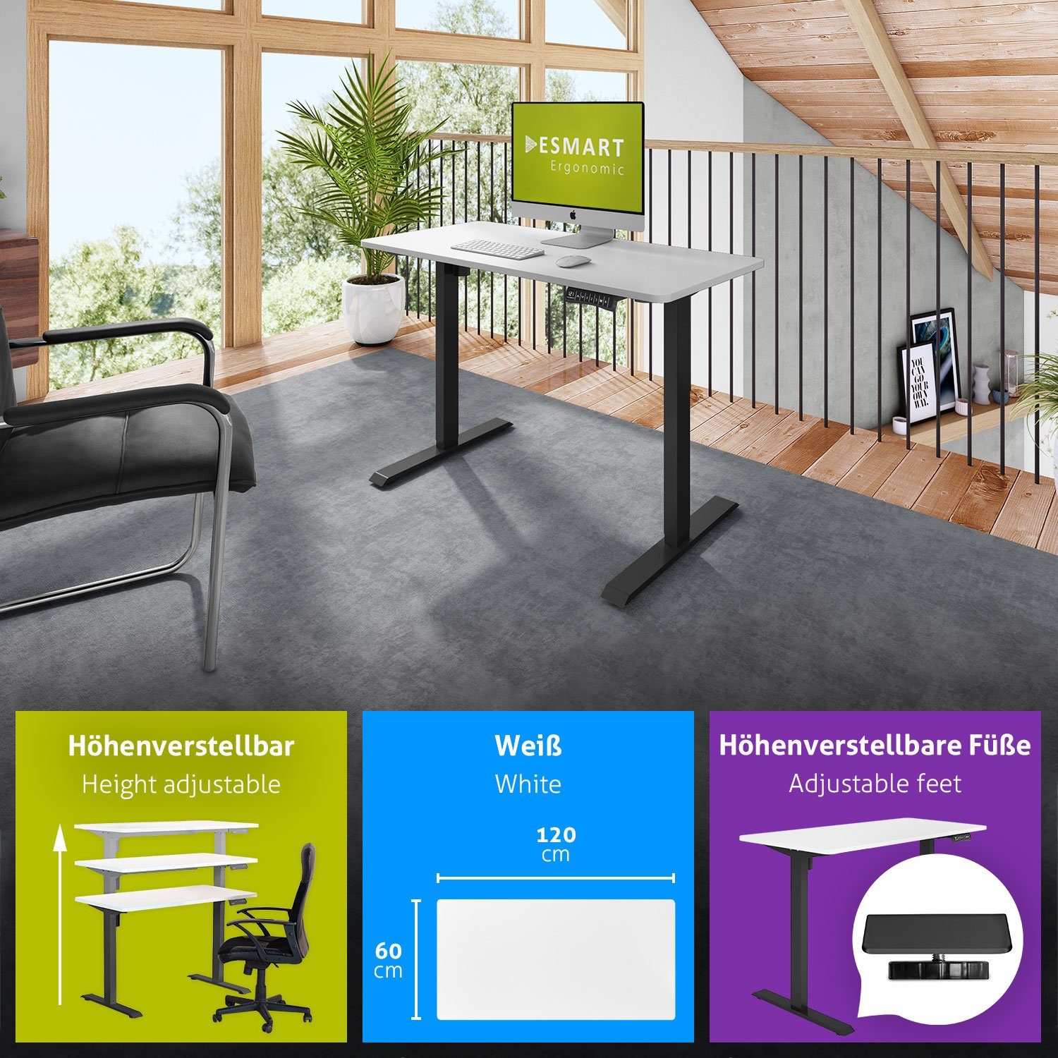 ESMART Schreibtisch höhenverstellbarer cm Rahmen: Tischplatte: / x Weiß ESMART Schwarz ETX-121 60 120 Elektrisch Schreibtisch Germany