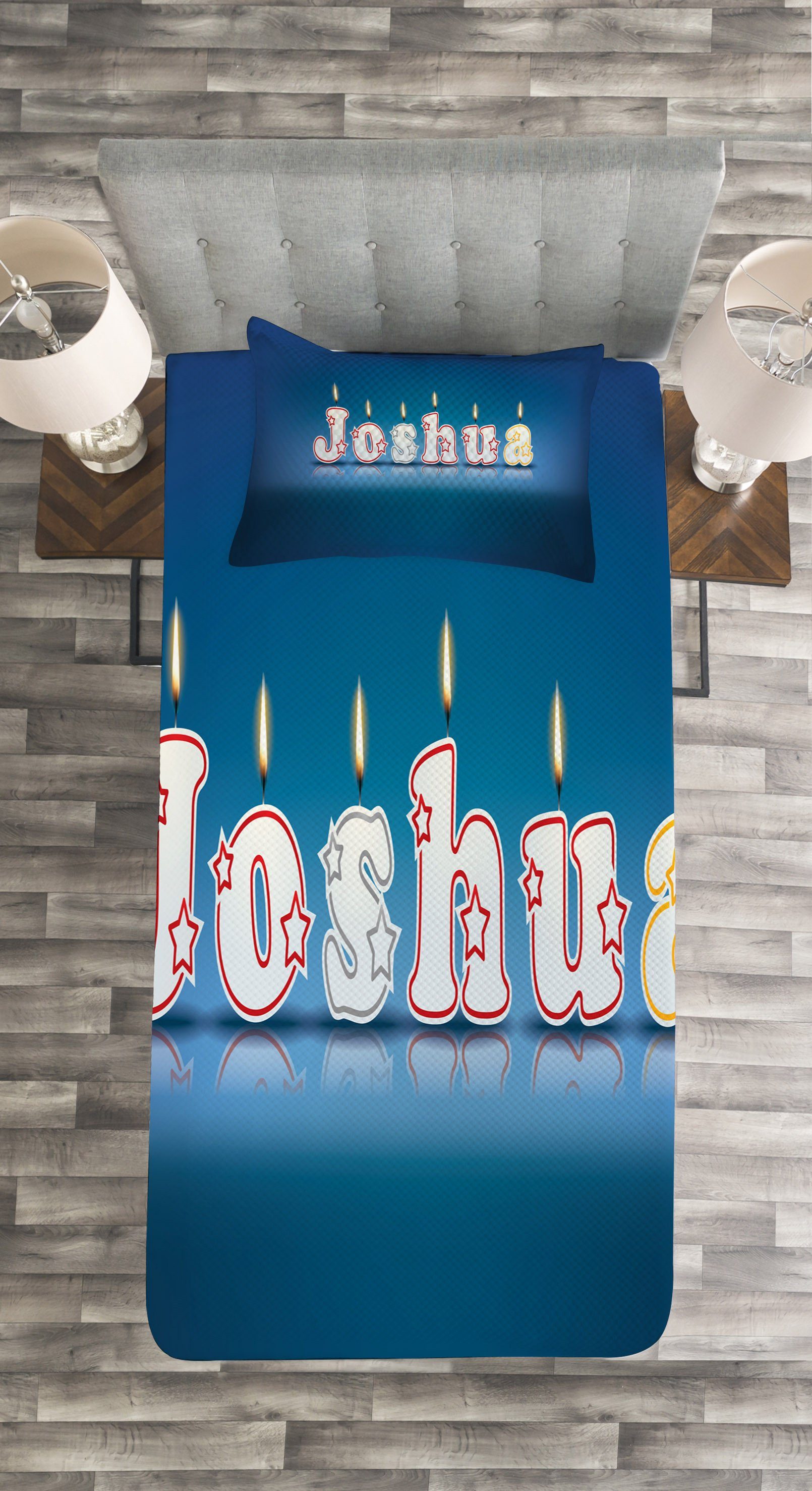 Tagesdecke Set mit Kissenbezügen Waschbar, Kerzen Abakuhaus, Schrift Joshua Geburtstag
