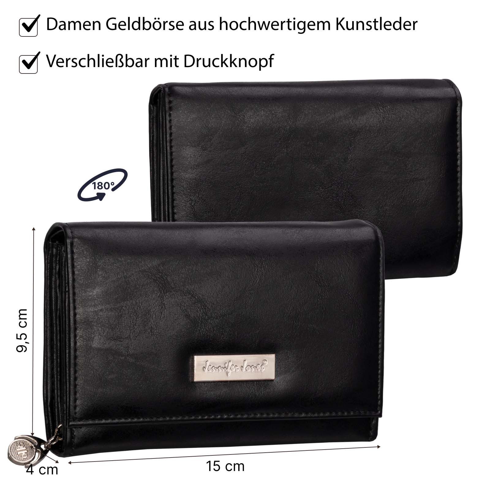Jennifer Jones Geldbörse JENNIFER JONES Damen Geldbörse Portemonnaie Schwarz, Damen Geldbörse klappbar mit Reißverschluss Portemonnaie Geldbeutel