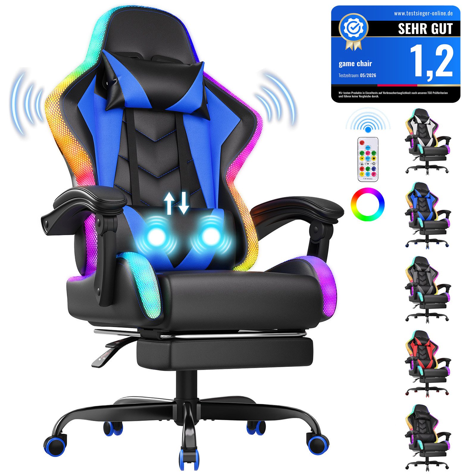 HOMALL Gaming-Stuhl mit LED,Ergonomisch,Fußstütze,computerstuhl,gaming stuhl mit massage (Die LED-Beleuchtung ist einstellbar, das Massagekissen für den Rücken ist beweglich), Ergonomischer Bürostuhl,Kopfstütze und Lendenstütze
