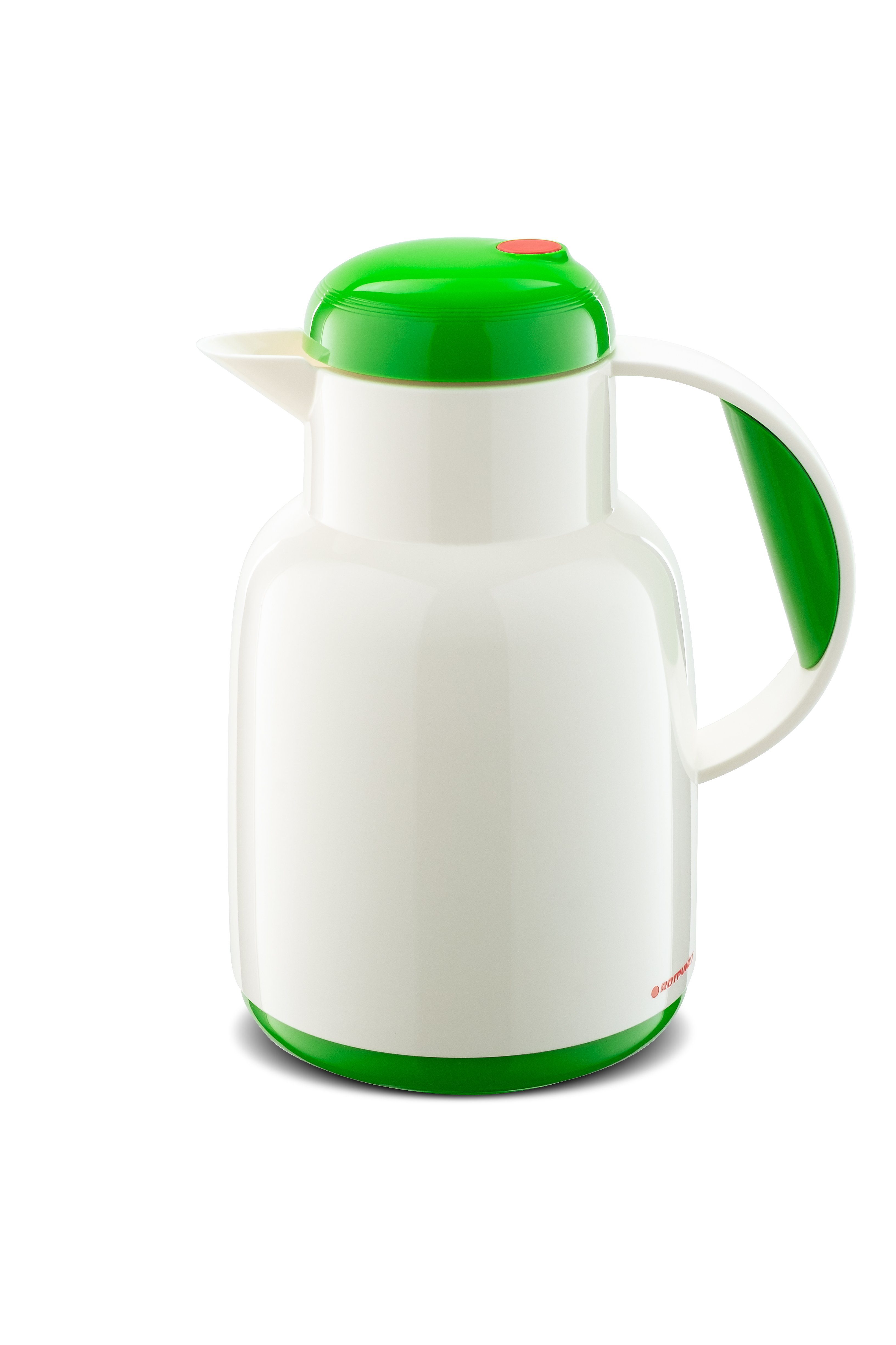 ROTPUNKT Isolierkanne 1,0 ltr. hochwertig I Glaseinsatz I BPA Frei I 24 Std warm 36 std kalt, 1 l, (Kaffekanne I Teekanne, 970 white/flip green), Glaskolben aus doppelwandigem Rosalin-Glas