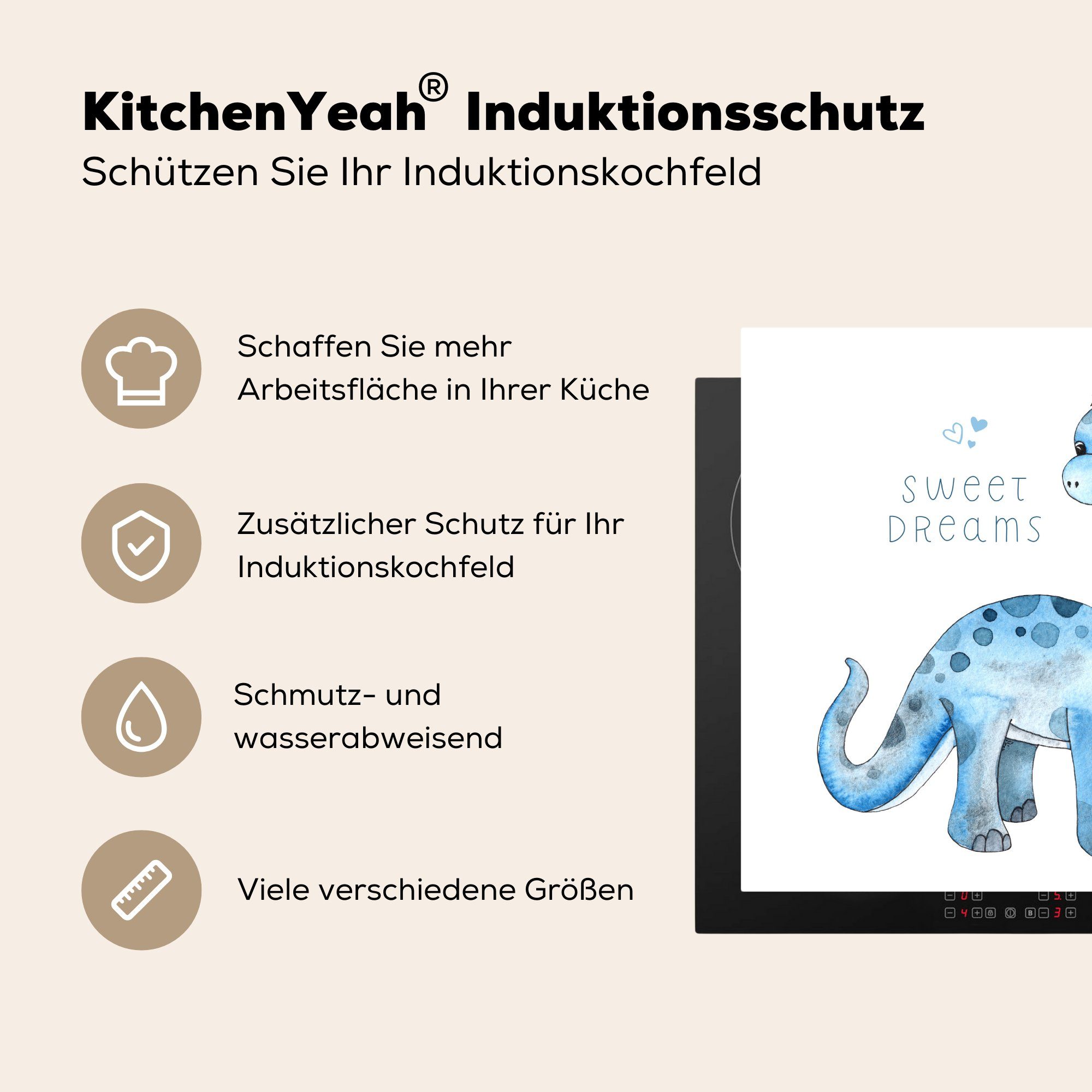 Kinder, Dinosaurier Arbeitsplatte Kinder - küche - Vinyl, - MuchoWow (1 tlg), Jungen Träume Kinderzimmer Süße für cm, 78x78 - - Herdblende-/Abdeckplatte Ceranfeldabdeckung,