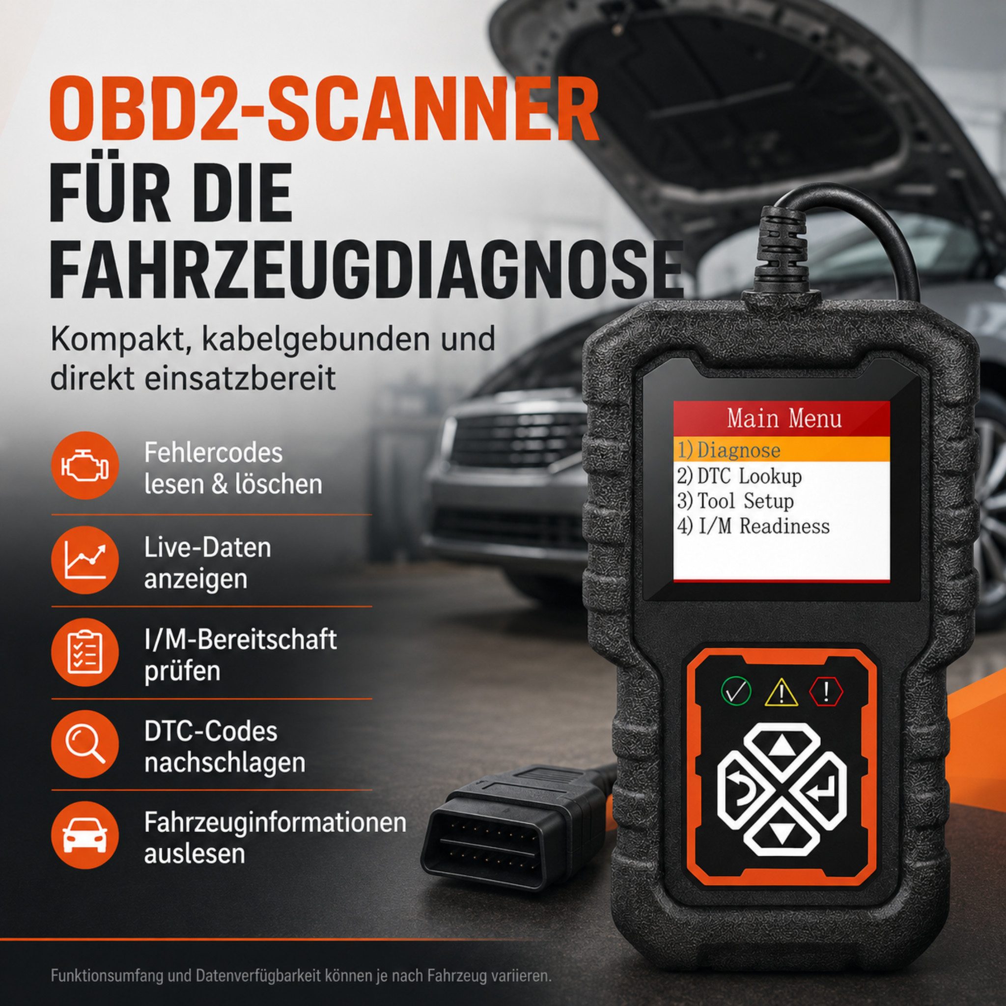 HS.SUPPLY Kfz-Diagnosegerät OBD2 Diagnosegerät KFZ Scanner Fehlercode Lesegerät mit Display, Komplett-Set, Komplettset, Einfache Fehlerdiagnose & Fehlerlöschung für Ihr KfZ